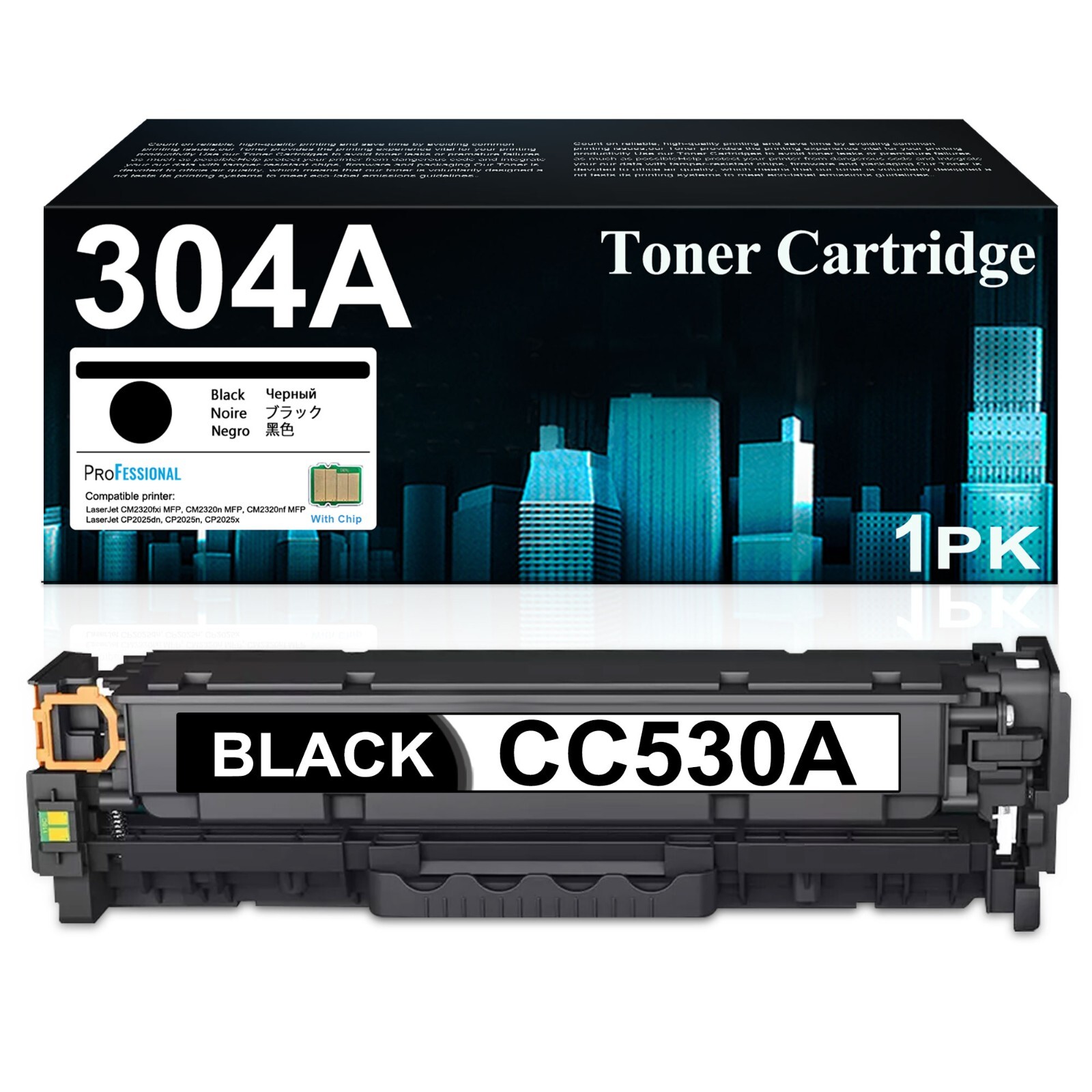 1-Pack CC530A 304A Black Toner Cartridge with Chip for HP CM2320 MFP, CP2025