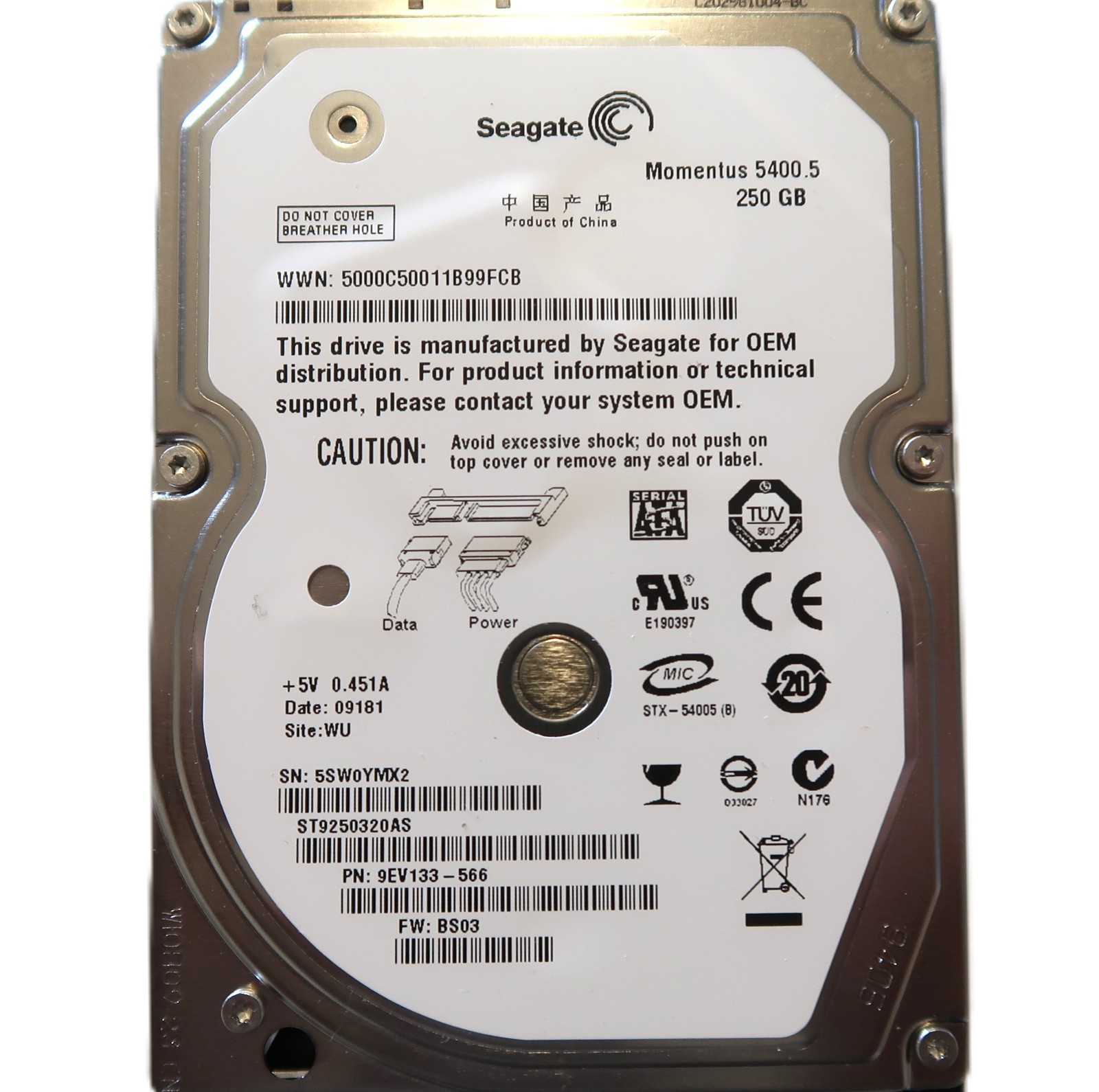 Seagate ST9250320AS 9EV133-566 BS03 (5SW) WU China 2.5" 250gb Sata HDD NOV/2008