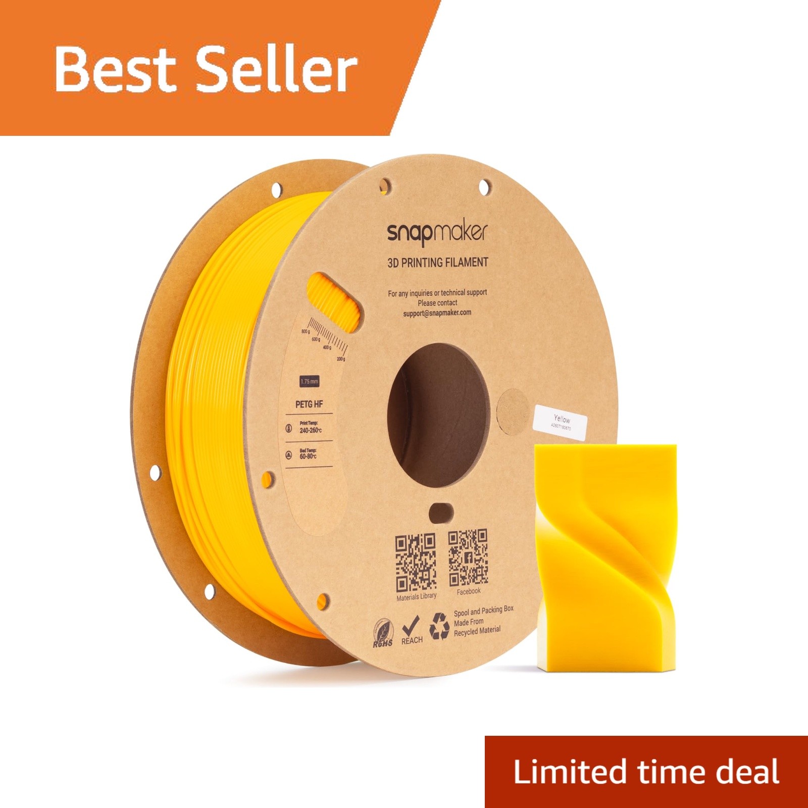 Snapmaker PETG HF 3D Printer Filament, Yellow 1kg