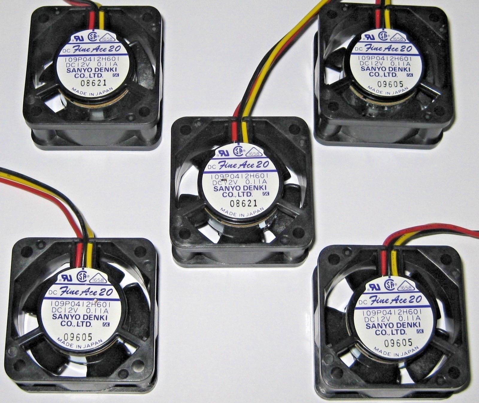 5 X Sanyo Denki 40 mm  -  12 V Fan  -  Fine Ace 20  - 8 CFM - 5 Blade - 6" Cable