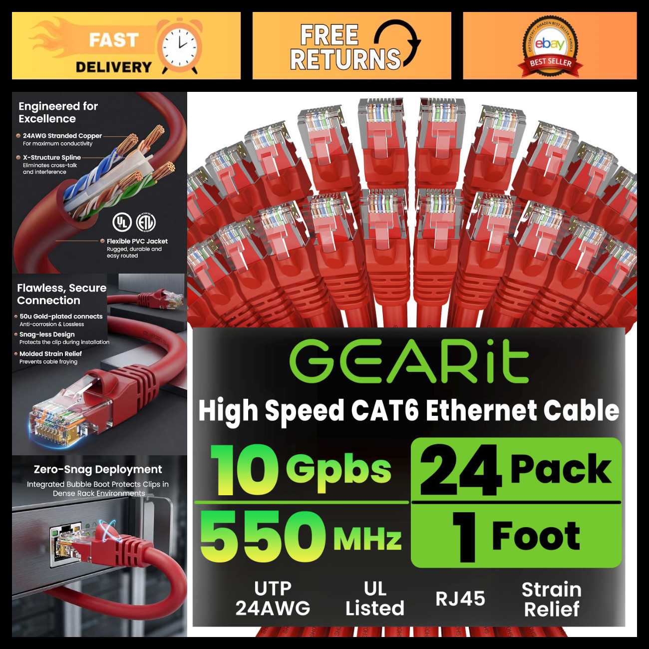 High-Speed Cat6 Ethernet Patch Cables 1ft - 24-Pack, Red, Network Connectivity