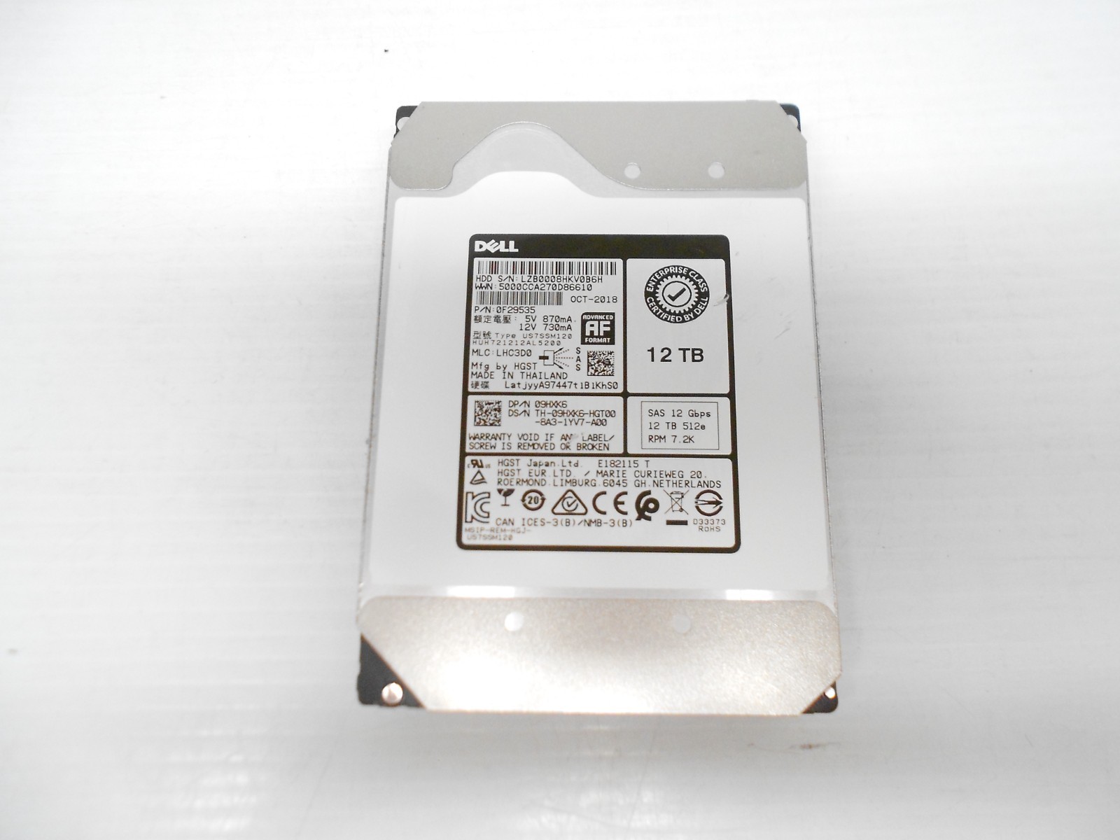 Dell 12TB SAS 12G 3.5'' Server Storage Hard Drive 9HXK6 HUH72121AL5200
