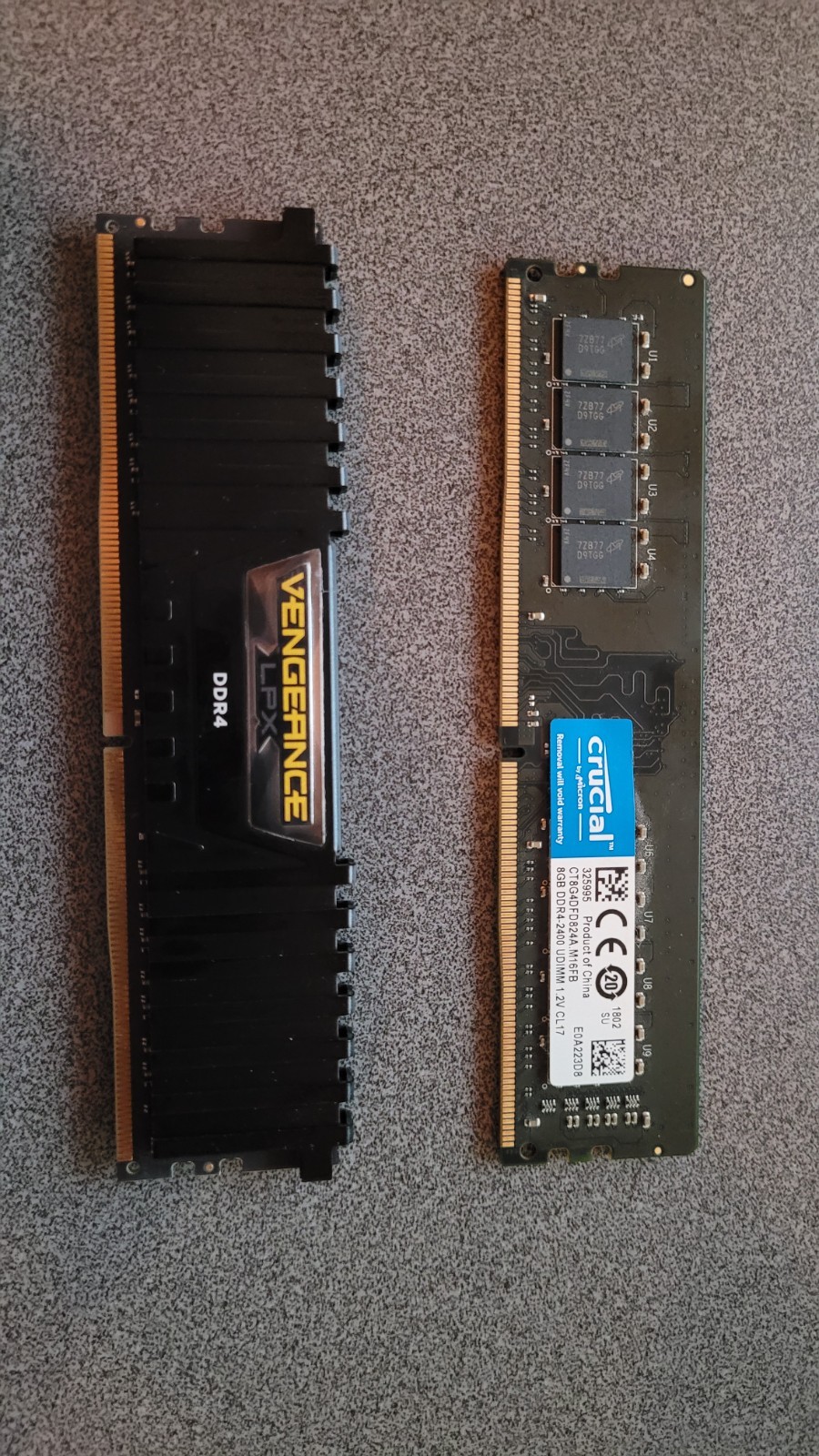 Lot of Two 8GB DDR4 2400 Memory: Corsair Vengeance LPX and Crucial 8GB UDIMM