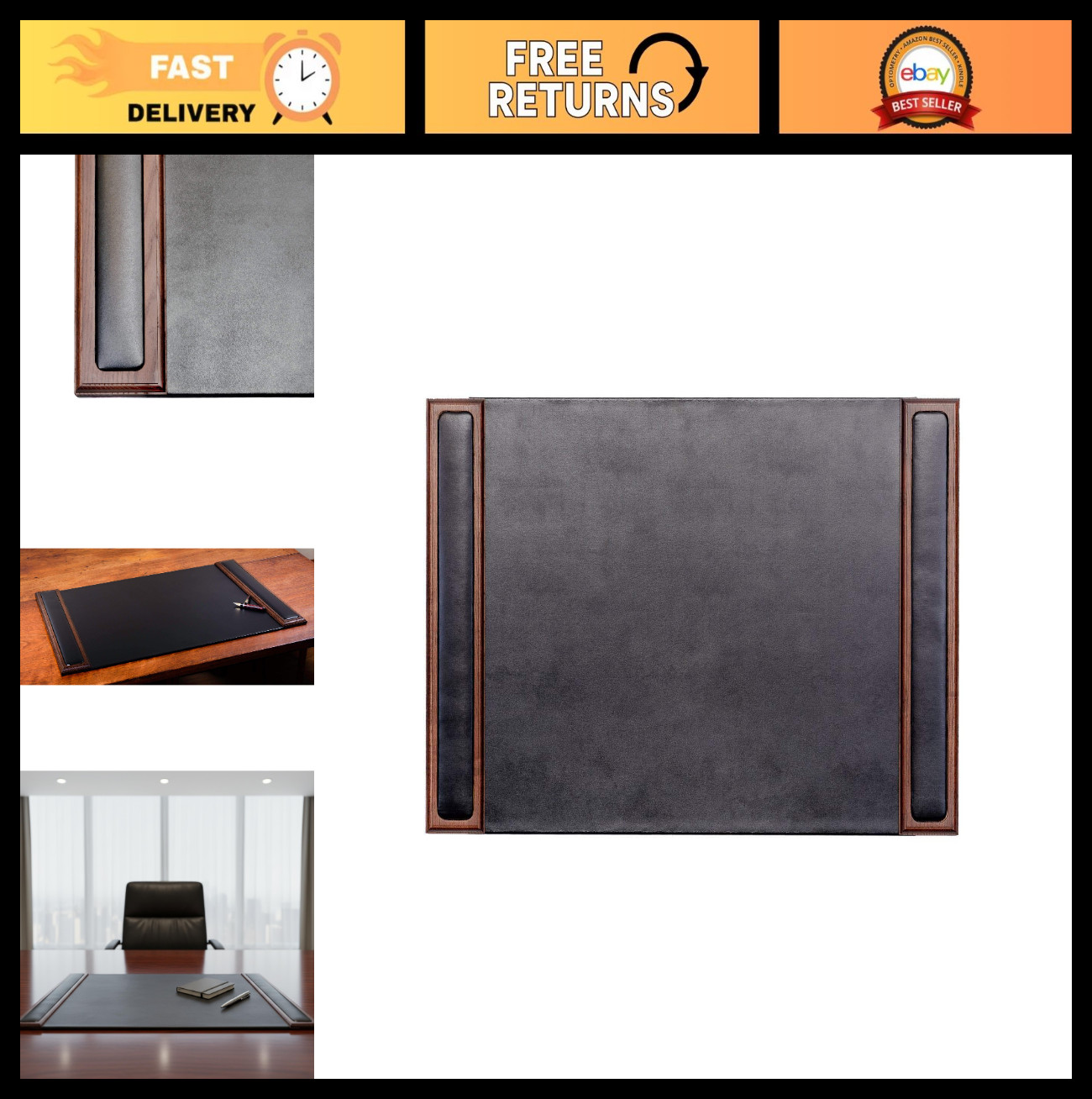 Elegant Wood & Leather Desk Pad with Side Rails - Premium Office Accessory