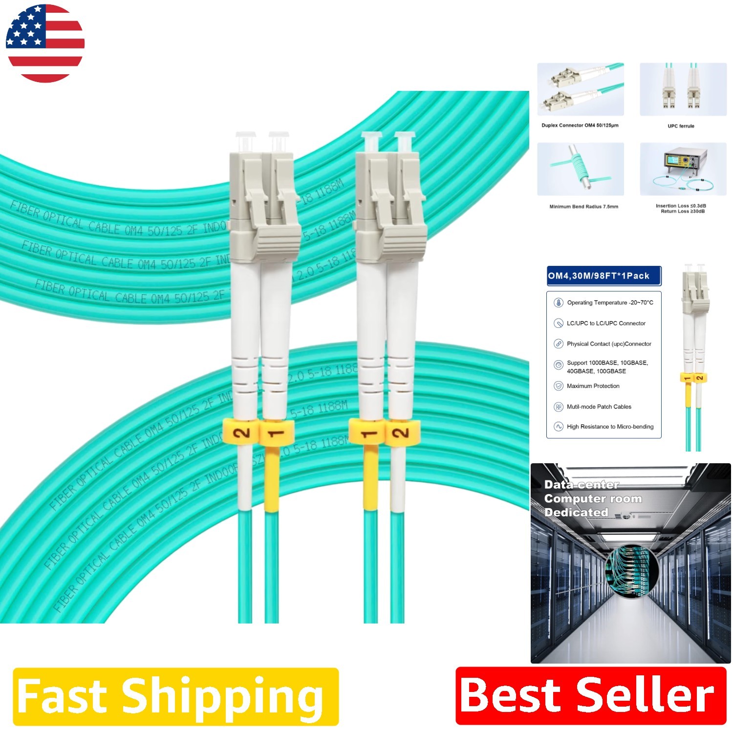 OM4 LC-LC Fiber Patch Cable 30M 40/100Gb Multimode LSZH 98ft High Speed