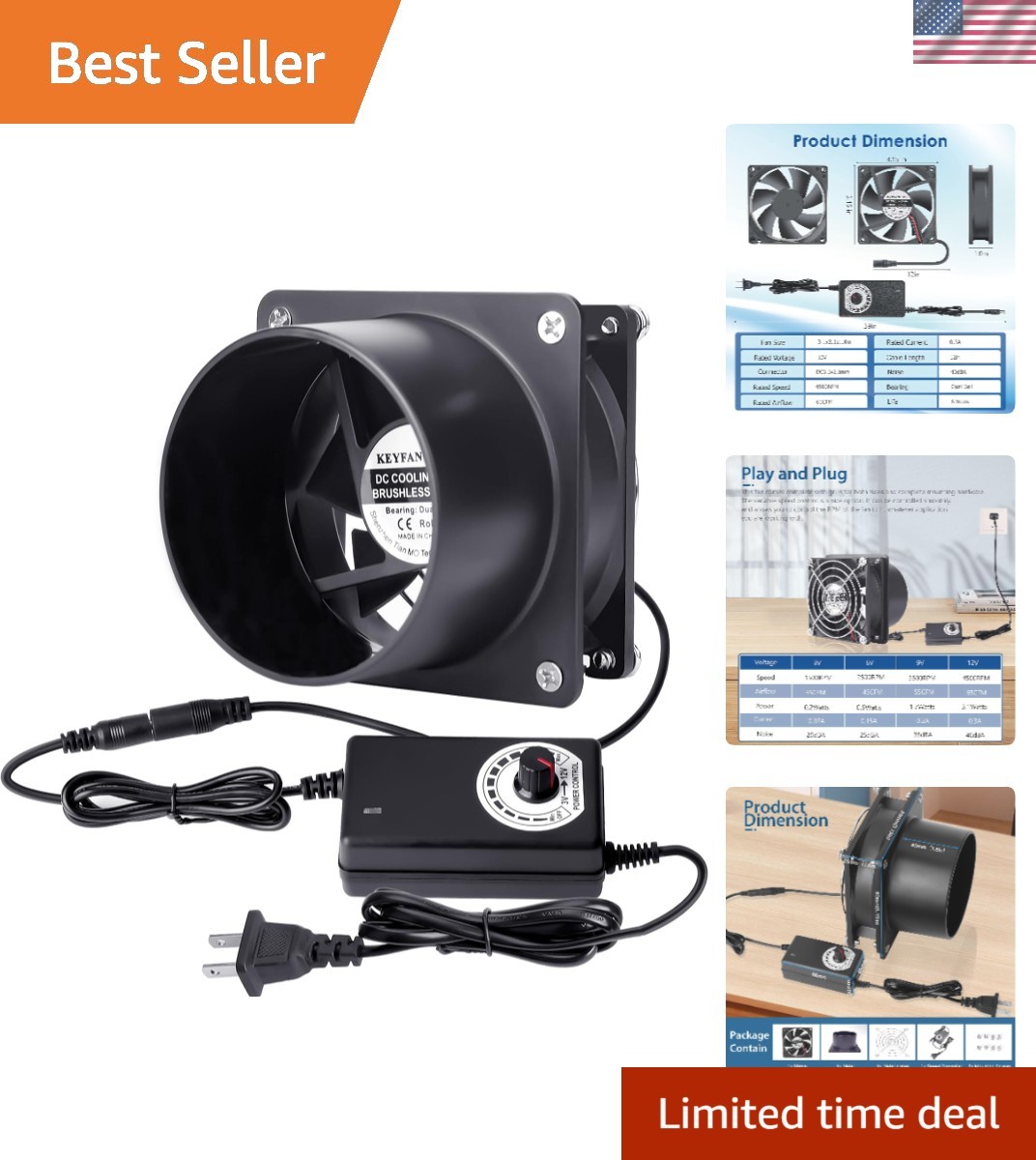 Small Axial Exhaust Fan, 80mm 12V DC Fan with AC Plug Dual Ball Bearings Air ...