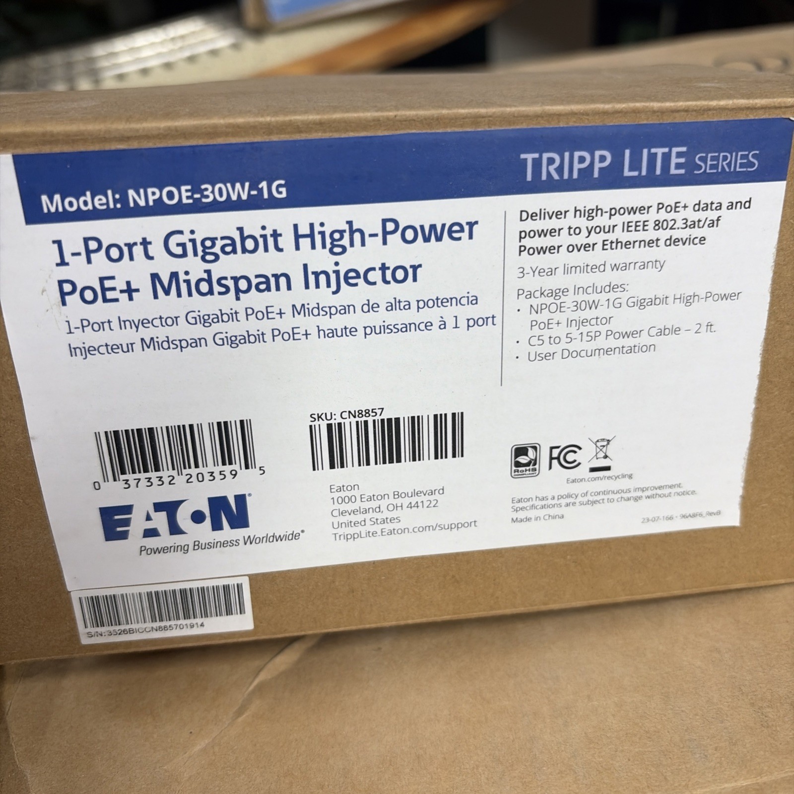Eaton Tripp Lite Power Over Ethernet NPOE-30W-1G Gigabit PoE+ Injector NEW