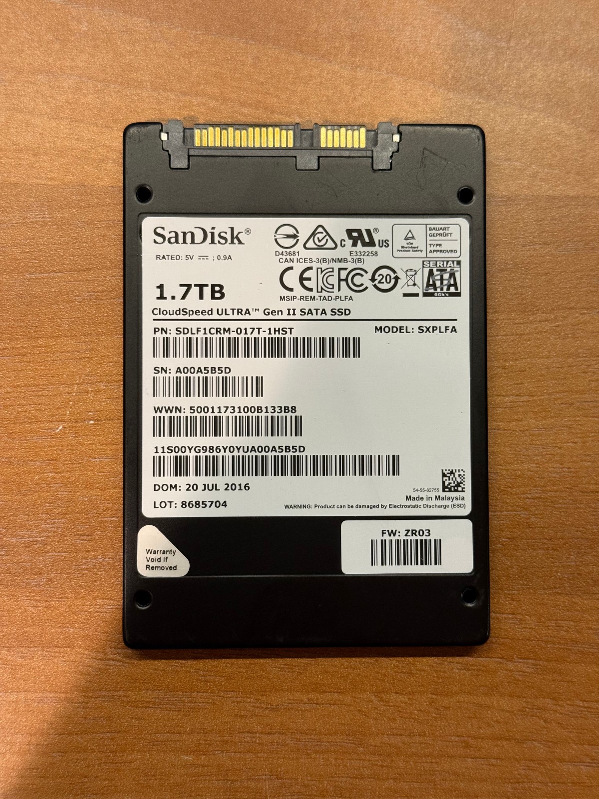 SanDisk CloudSpeed Ultra Gen II 1.7TB SATA SSD SDLF1CRM-017T - 87% HEALTH LOW HR
