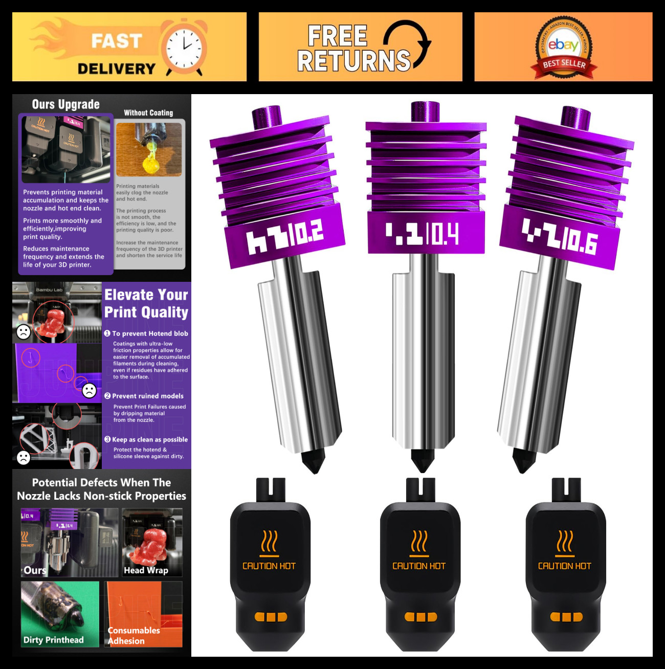 3PK MPVD Hotend Nozzles 0.2/0.4/0.6mm Anti-Stick Upgrade for 3D Printers HV2800