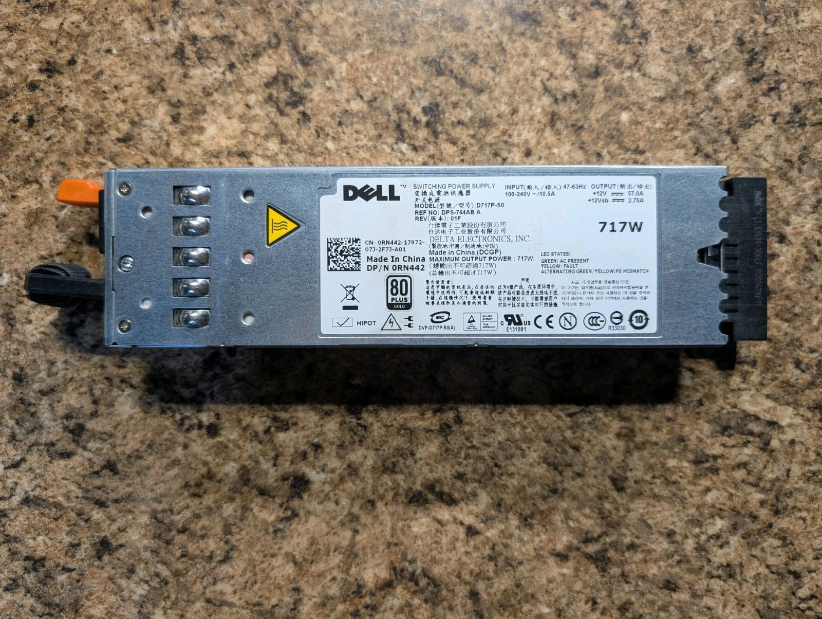 Server Power Supply Dell 0RN442 RN442 717WATT D717P-S0 Hot-Swap 80 Plus Gold