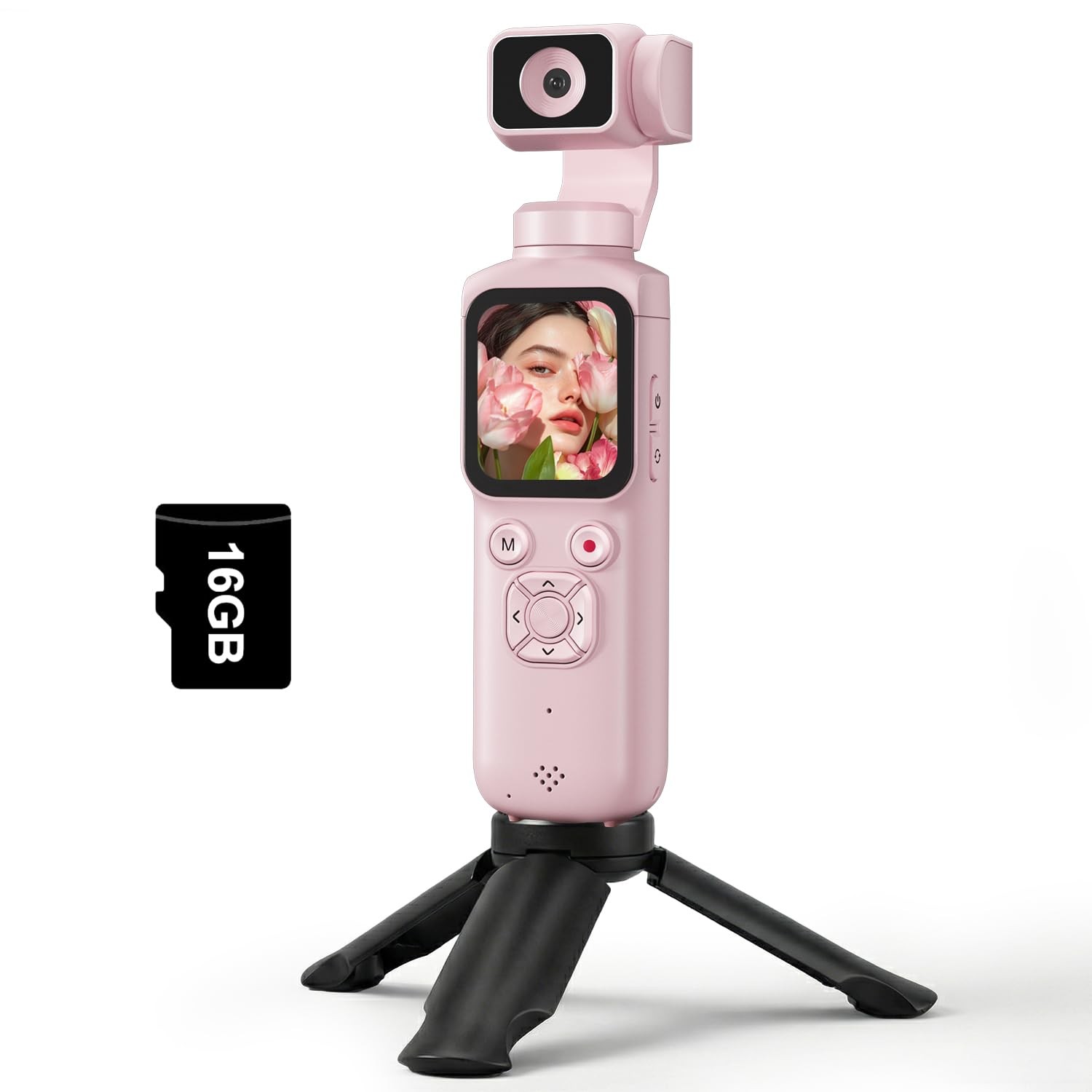 Lmzour 4K Vlogging Camera with 330° Rotating Lens & Face Tracking, Pink