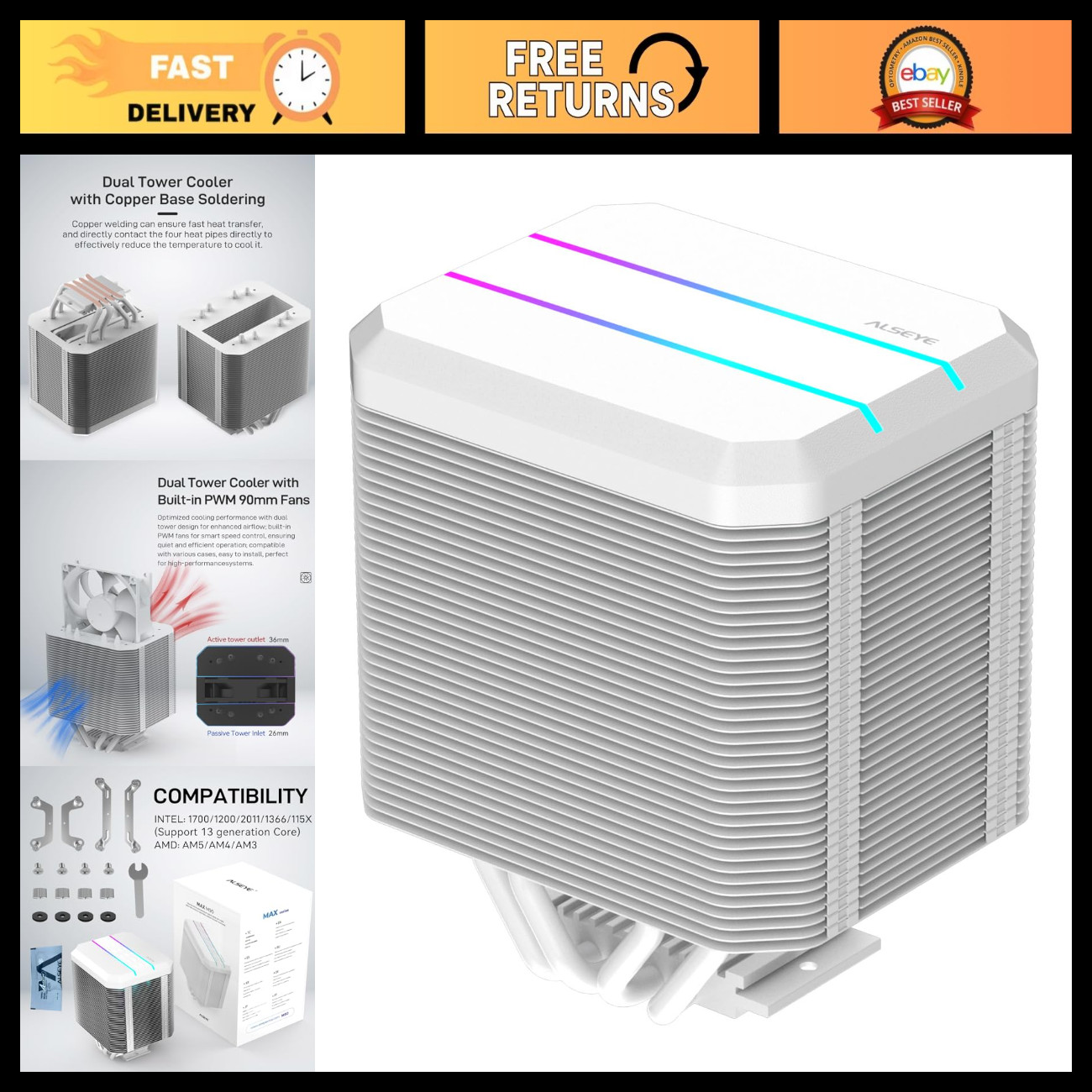 Dual Tower CPU Cooler with Hidden Fan, ARGB Lighting, Intel & AMD Compatible