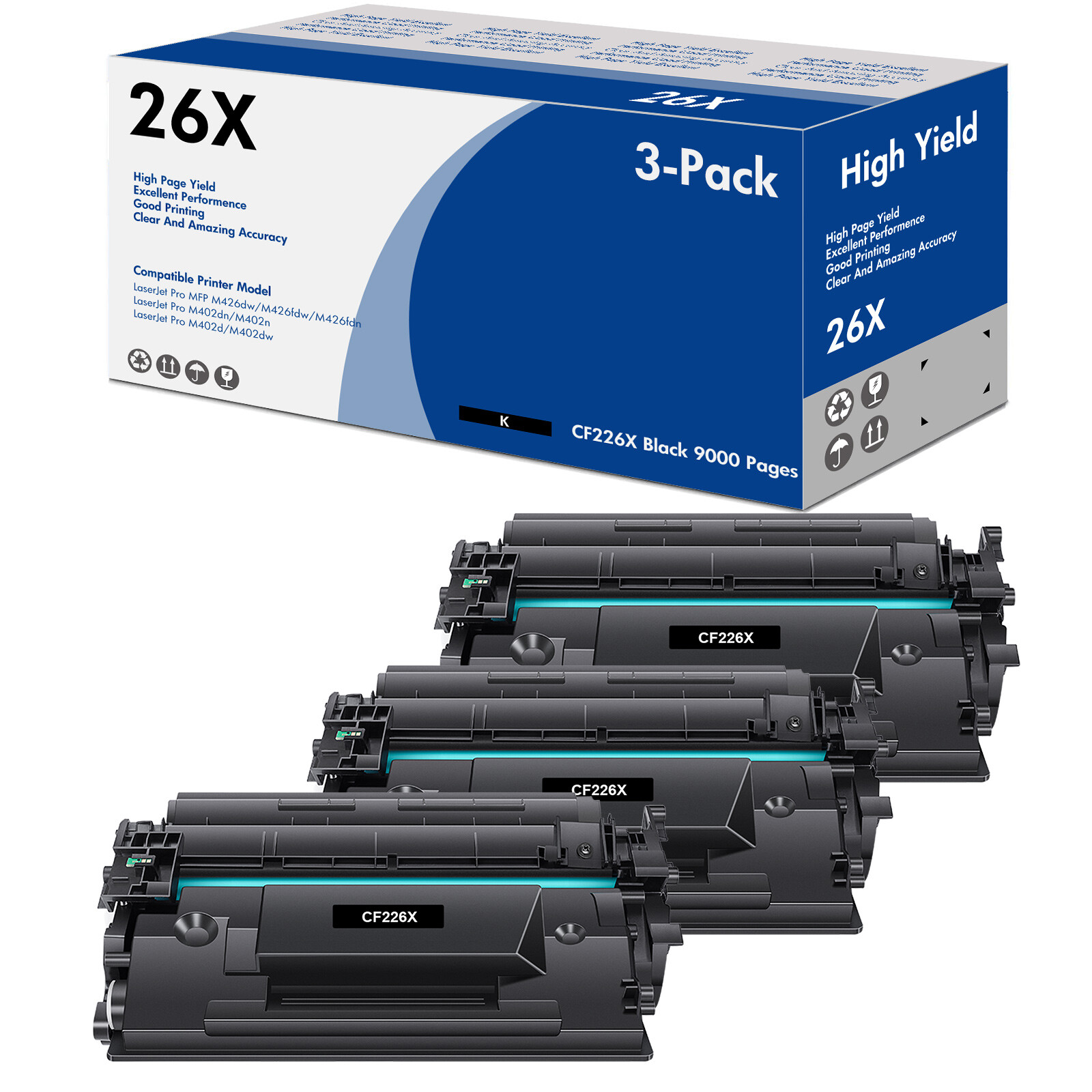 3 Pack Black CF226X Toner Combo for HP 26X Laserjet Printer Pro M402dn M402n