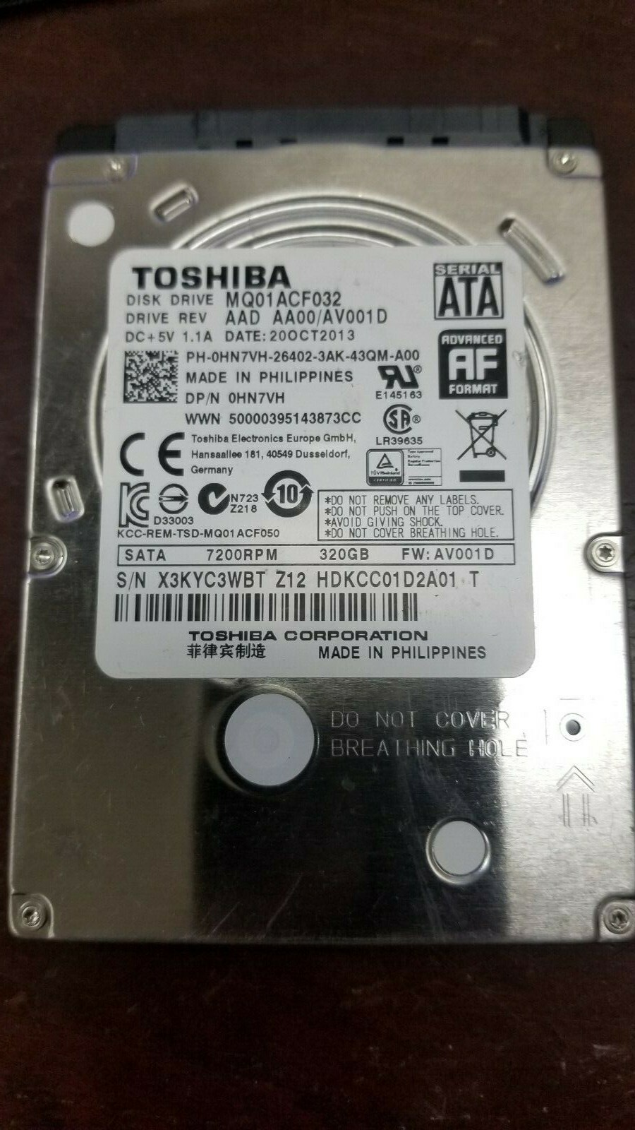 Dell 0HN7VH TOSHIBA MQ01ACF032 320GB 7200RPM SATA 2.5" Laptop HDD