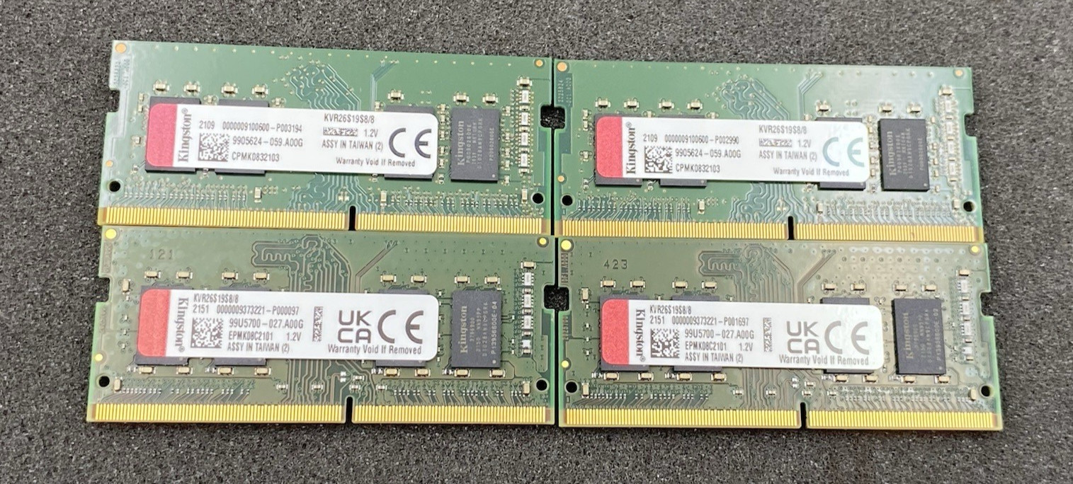 LOT OF 4 Kingston 8GB DDR4 2666MHz KVR26S19S8/8 SODIMM RAM