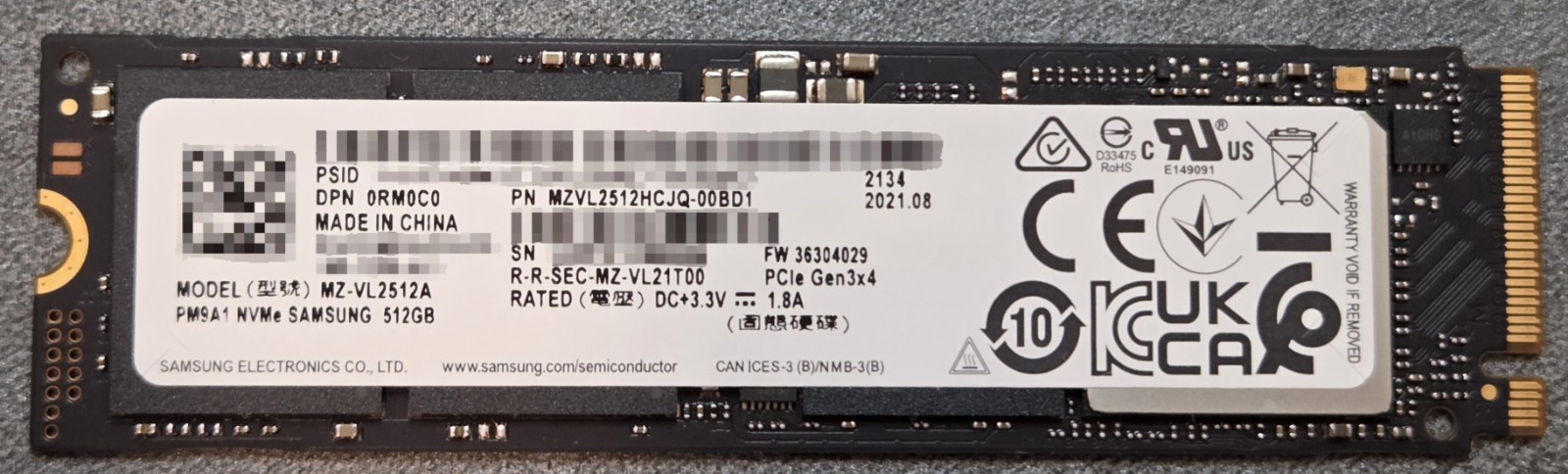 Samsung PM9A1 512GB SSD NVMe M.2 PCIe Gen3x4 MZVL2512HCJQ-00BD1 94% Health