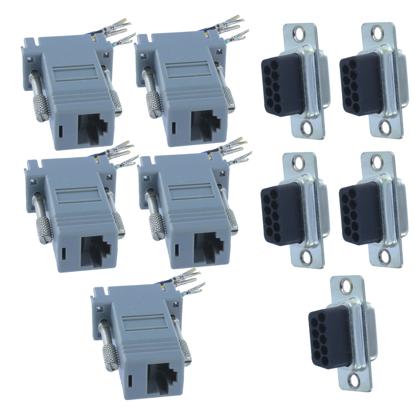 5 pack DB9 9 Pin RS232 Serial Port Female to RJ45 Female Network Adapter 8P8C
