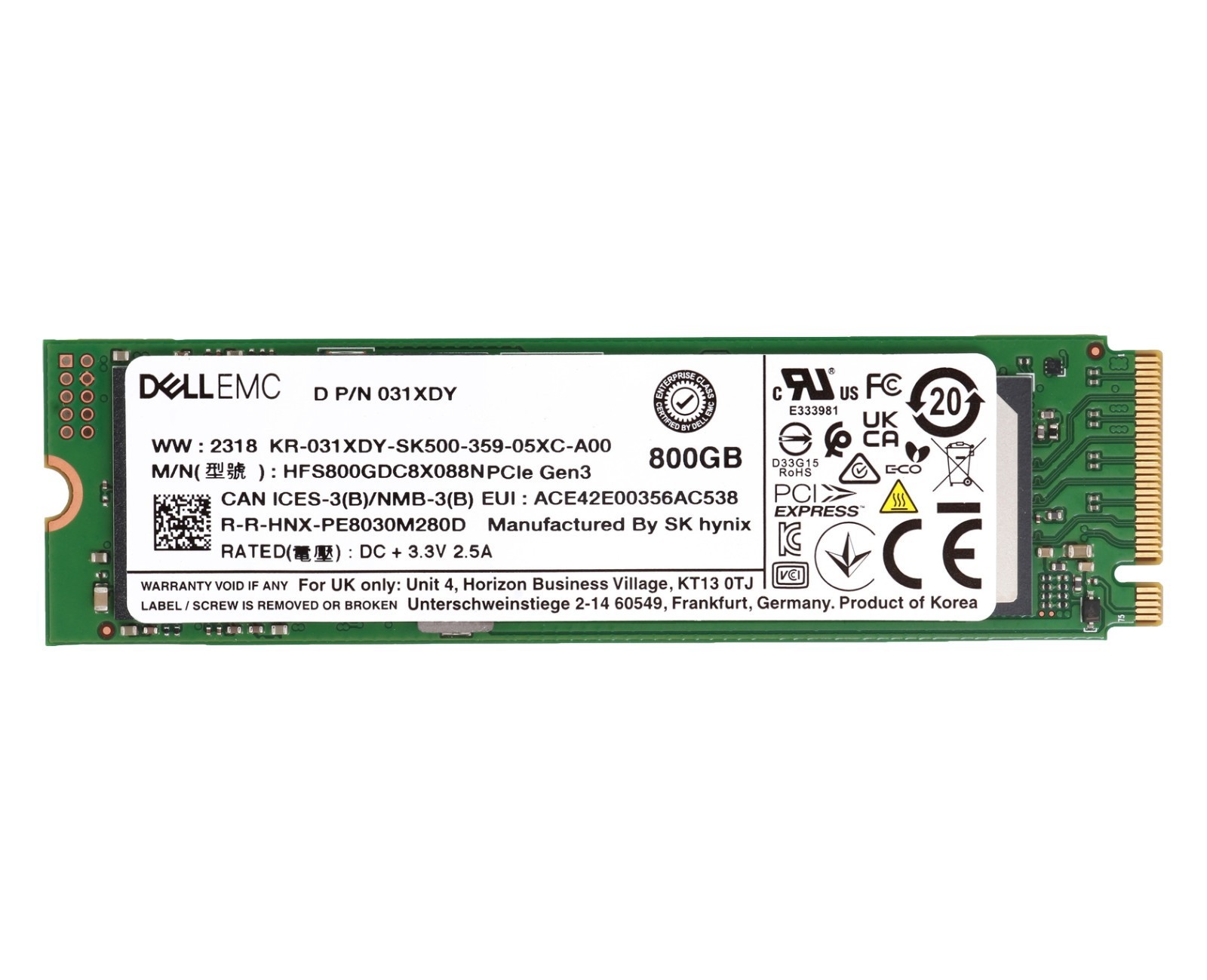 Hard drive Dell 800GB SSD NVMe PCIe 3.0x4 M.2 2280 3D TLC NAND MU 512e 31XDY