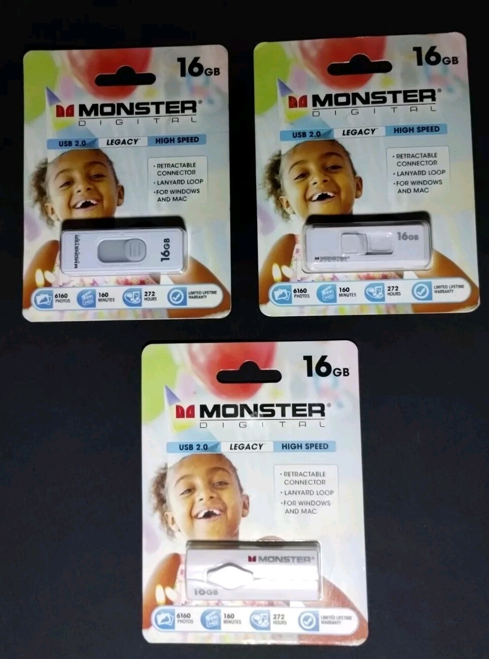 Lot Of (3) Monster Digital 16GB USB 2.0 High Speed Flash Drives Windows or Mac 