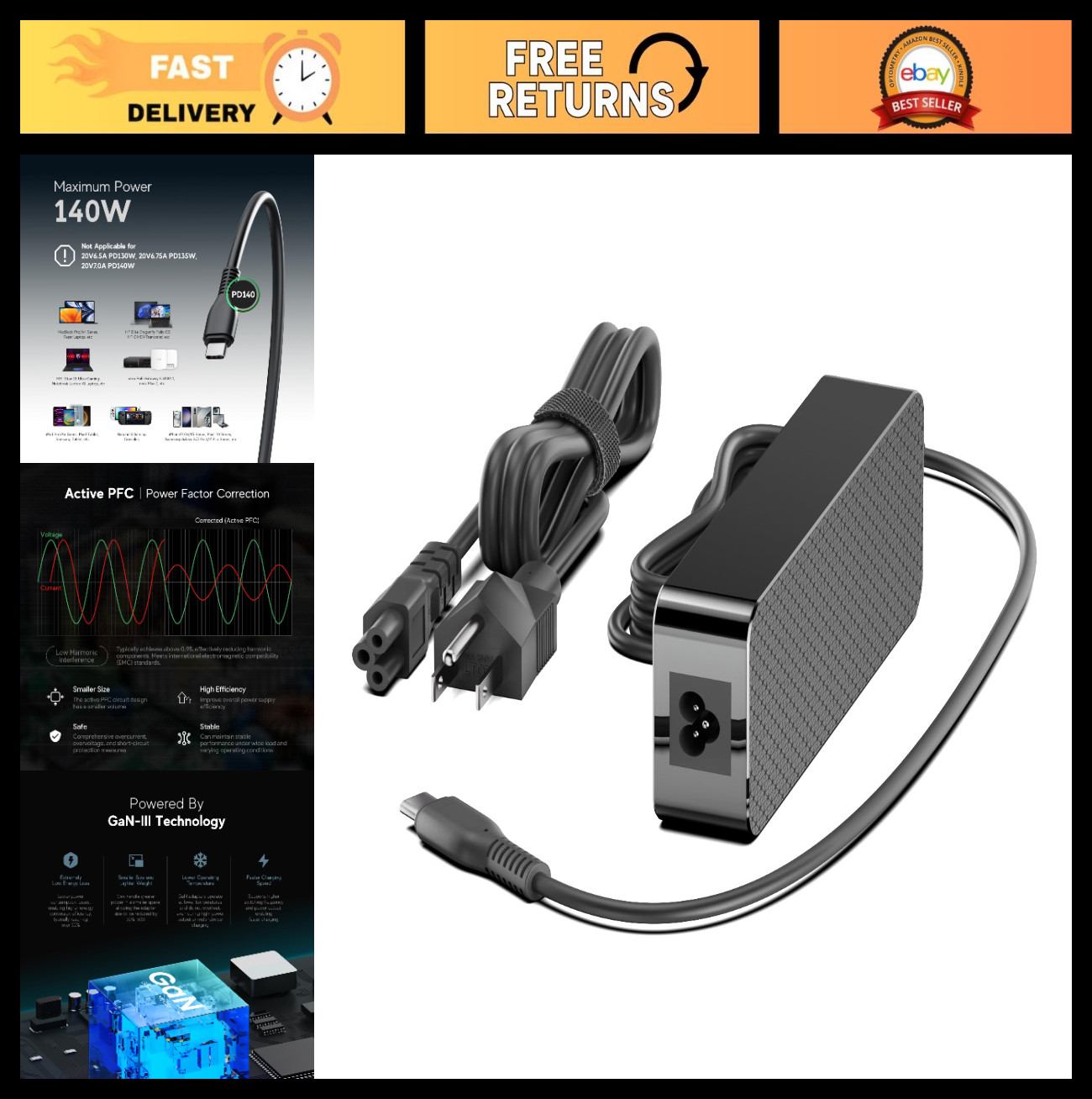 140W USB C Charger GaN PD3.1 AC Adapter 28V 5A Power Supply for Laptops & Drones
