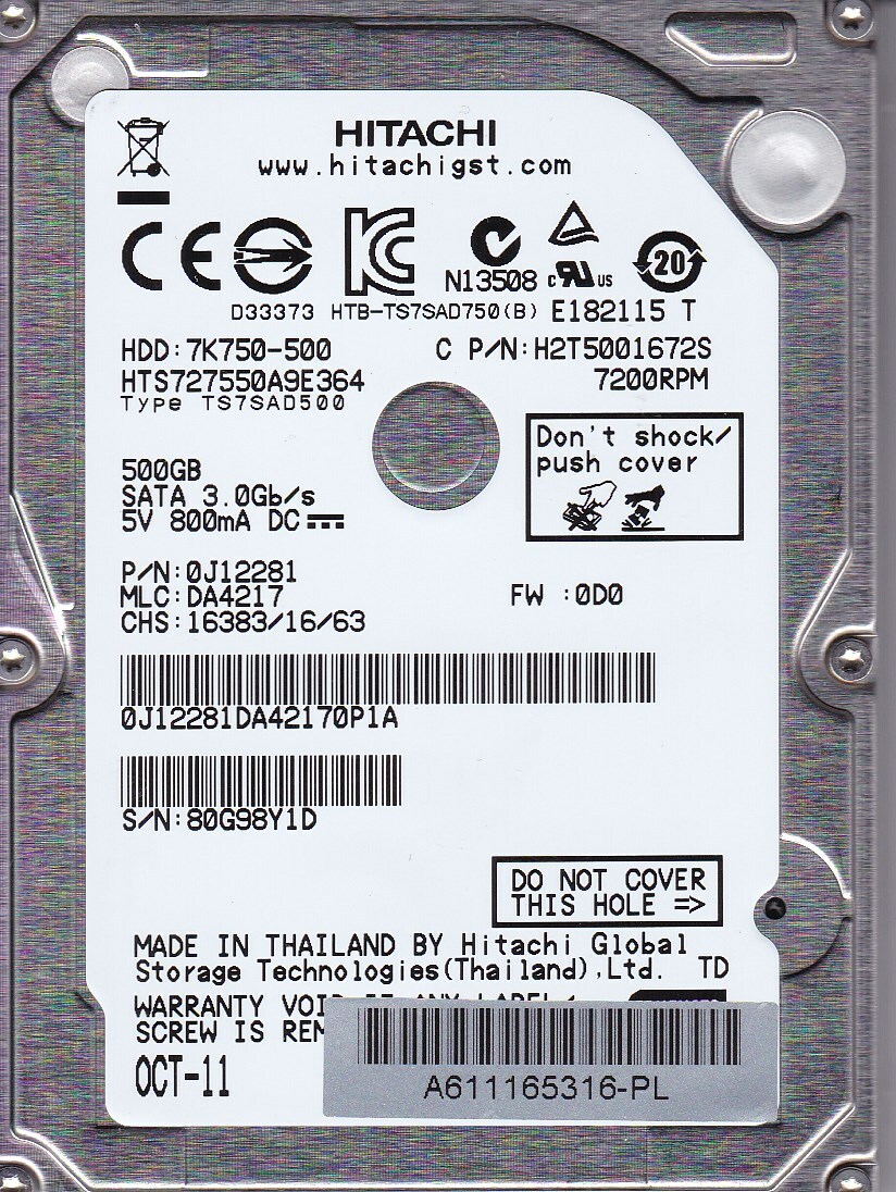 Hitachi HTS727550A9E364 pn: 0J12281 mlc: DA4217 500GB 2.5 SATA 6616