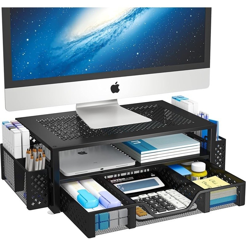 Ergonomic Monitor Stand W/ Drawer & Pen Holder Multi-functional Metal Design New