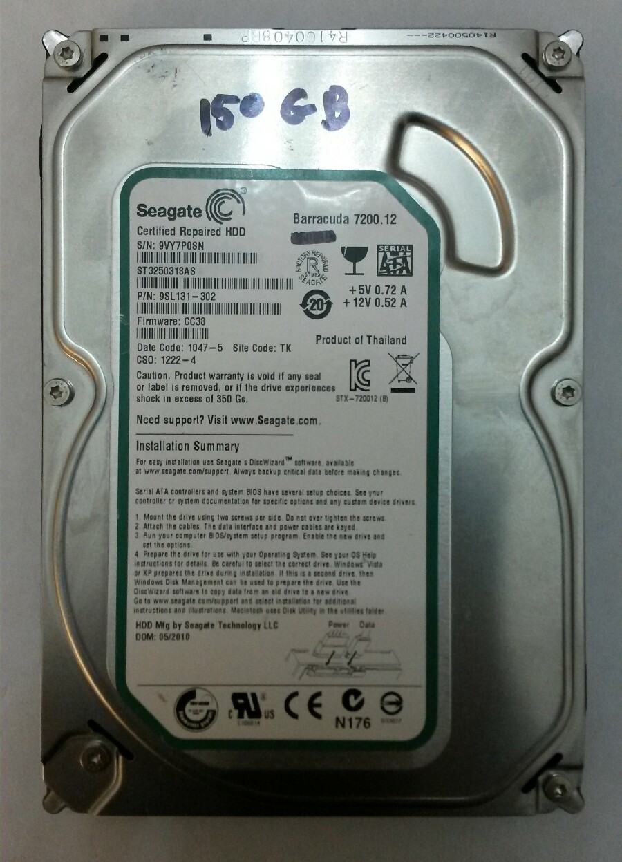 Seagate ST3250318AS 150GB SATA Drive P/N:9SL131-302 F/W:CC38 Site:TK Date:1047-5