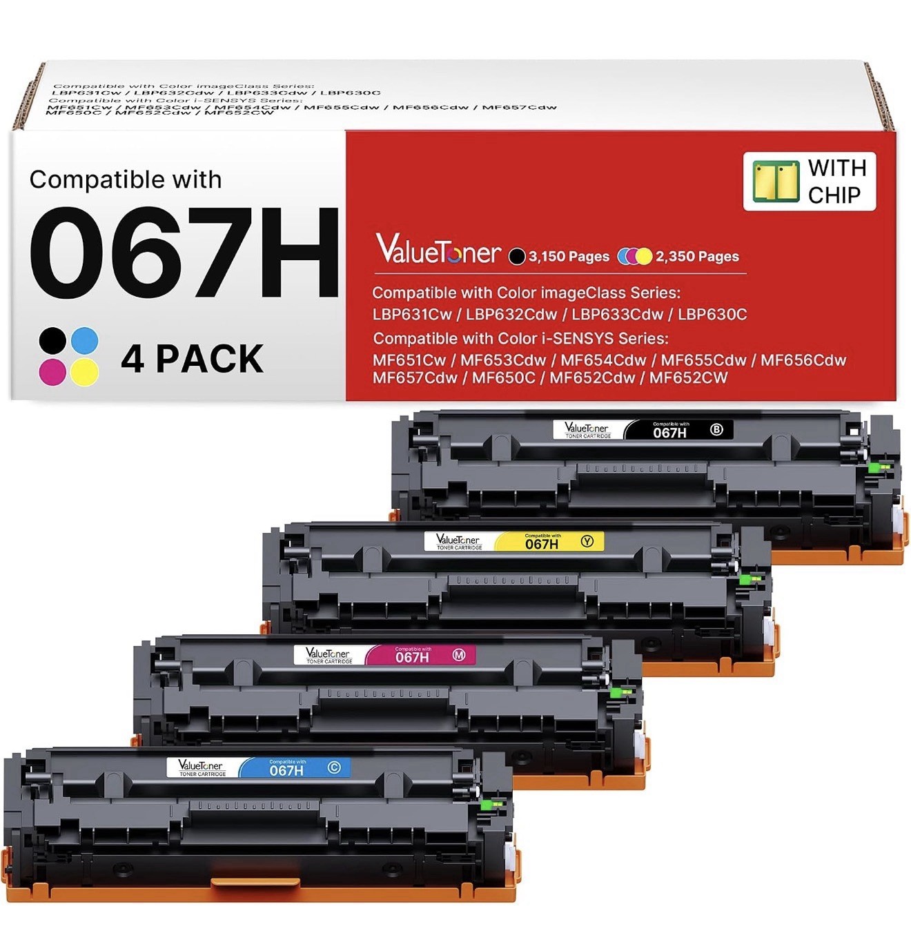 067H Toner 4 Pack w/Chip for Canon 067 ImageCLASS MF653Cdw LBP632Cdw