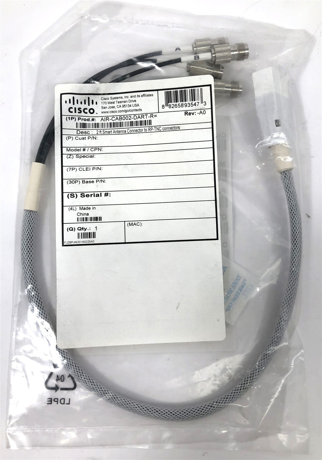 LOT OF 2 Open Box 2FT Cisco AIR-CAB002-DART-R Smart Antenna Connector to RP-TNC