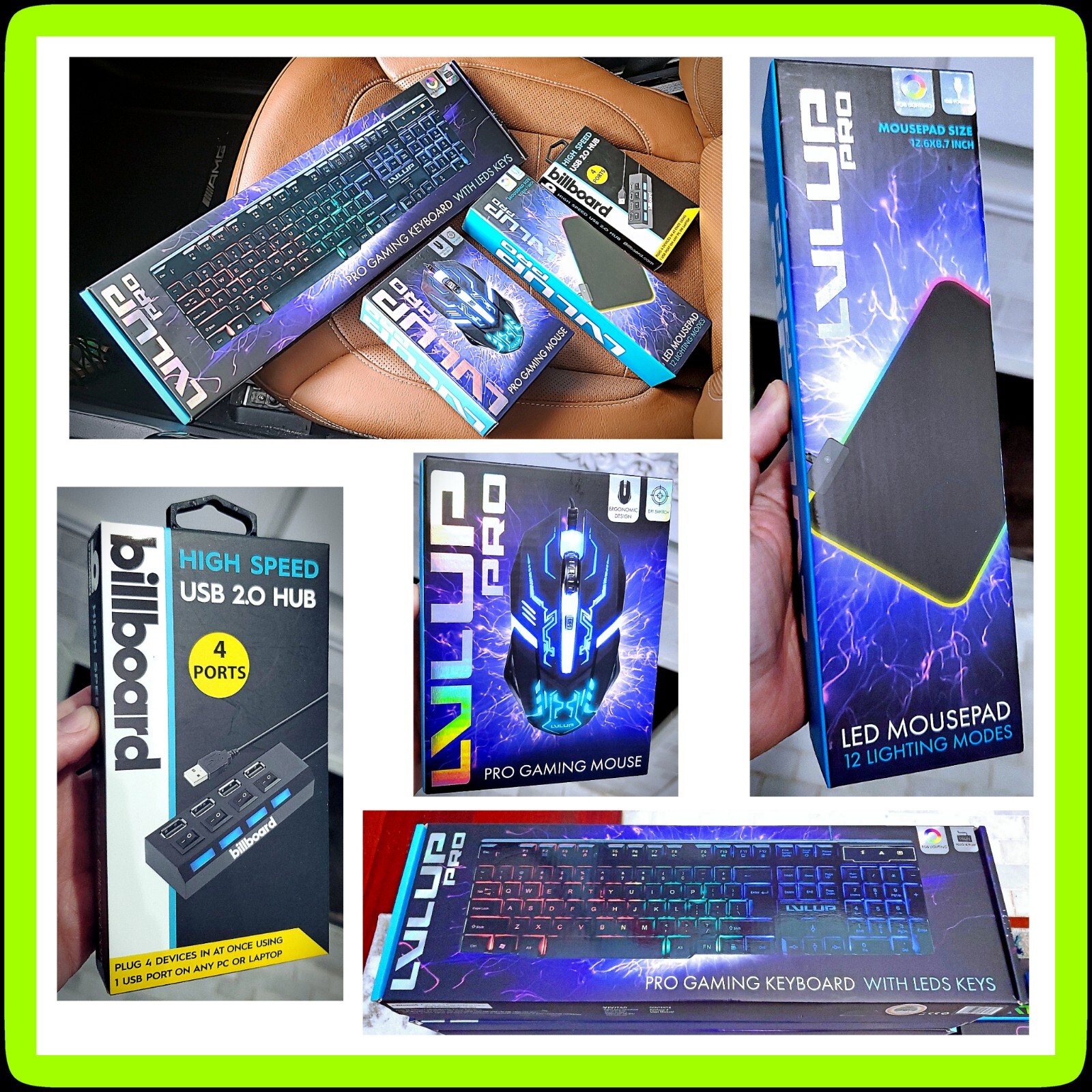 🎮 4pc LVLUP Pro PC Gaming LED RGB Bundle: Keyboard Mouse Mousepad USB Hub ✅ NEW