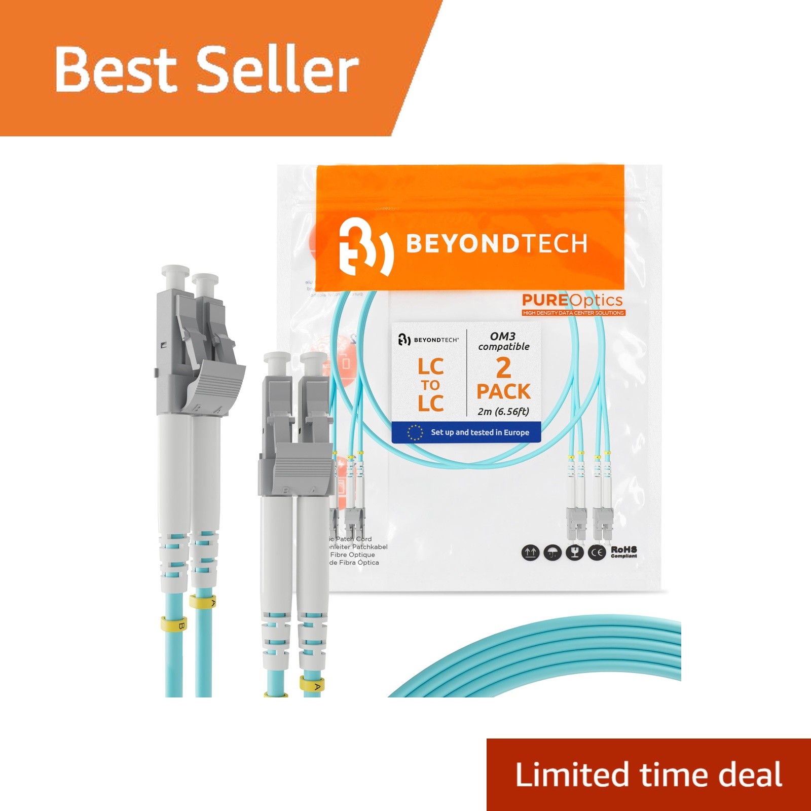 BEYONDTECH 2m LC to LC OM3 Duplex Fiber Cable 2-Pack