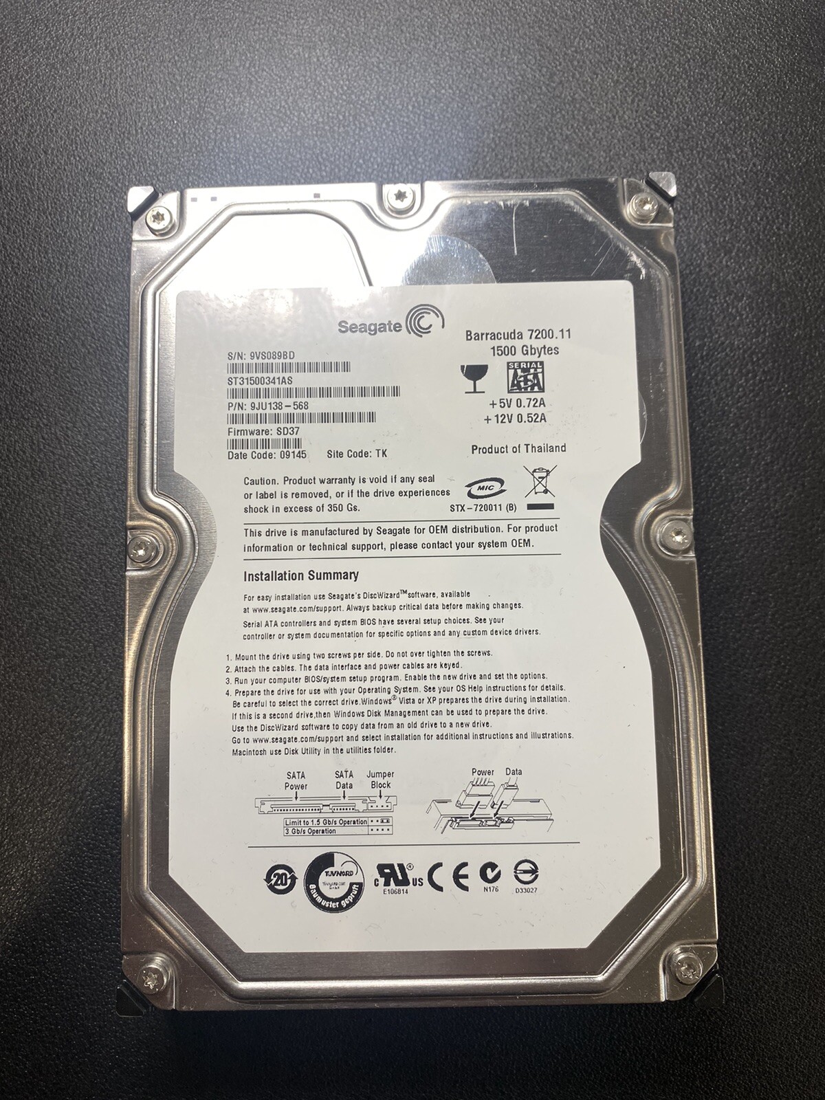 ST31500341AS,  9JU138-568,  CC3H, TK,  9VS1,  100515010  SEAGATE SATA 1.5TB 