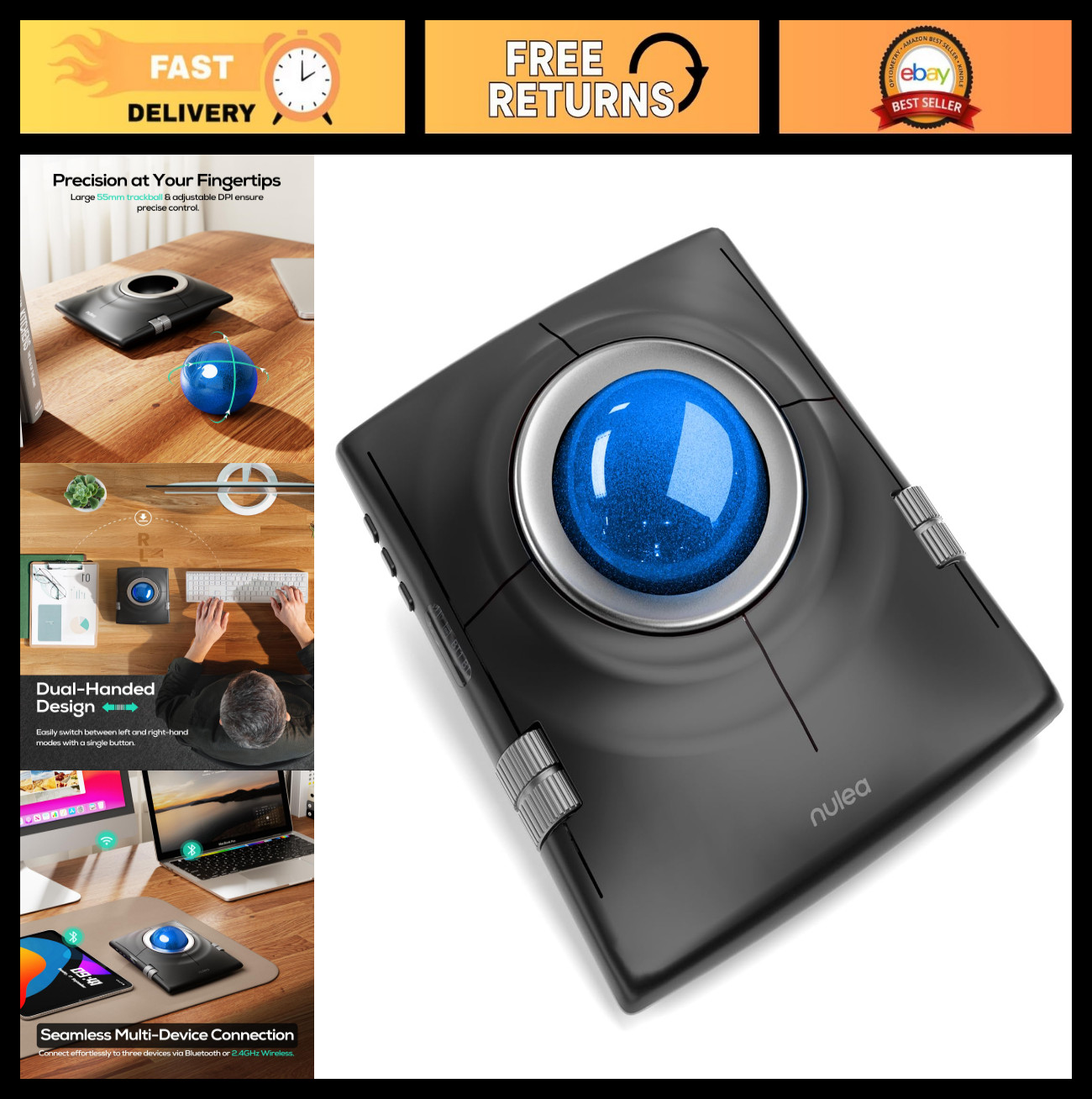 Ergonomic Wireless Trackball Mouse - 55mm Large Ball, Ambidextrous Design, Comfo