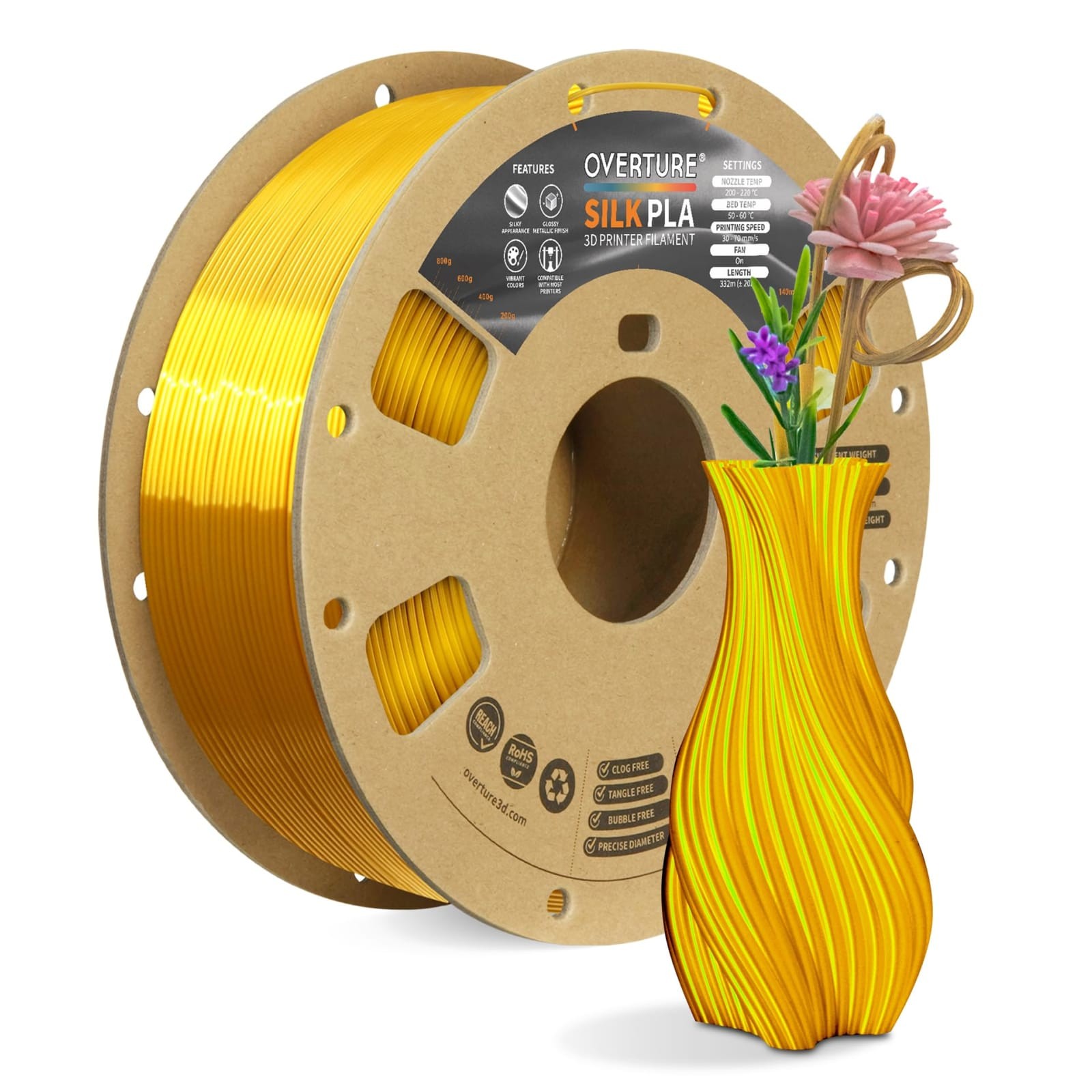 OVERTURE Silk PLA 1.75mm 1kg 3D Printer Filament Silk Gold Metallic Shine