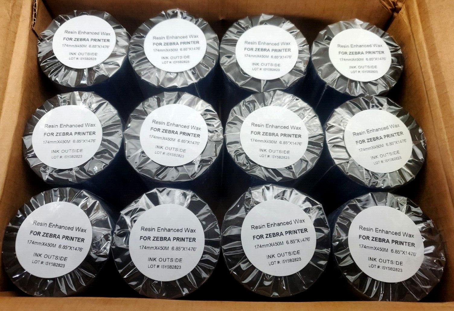 CASE OF 12, Thermal Transfer Ribbons, Wax, 6.85" x 1476', 174MM X 450M, Z1023