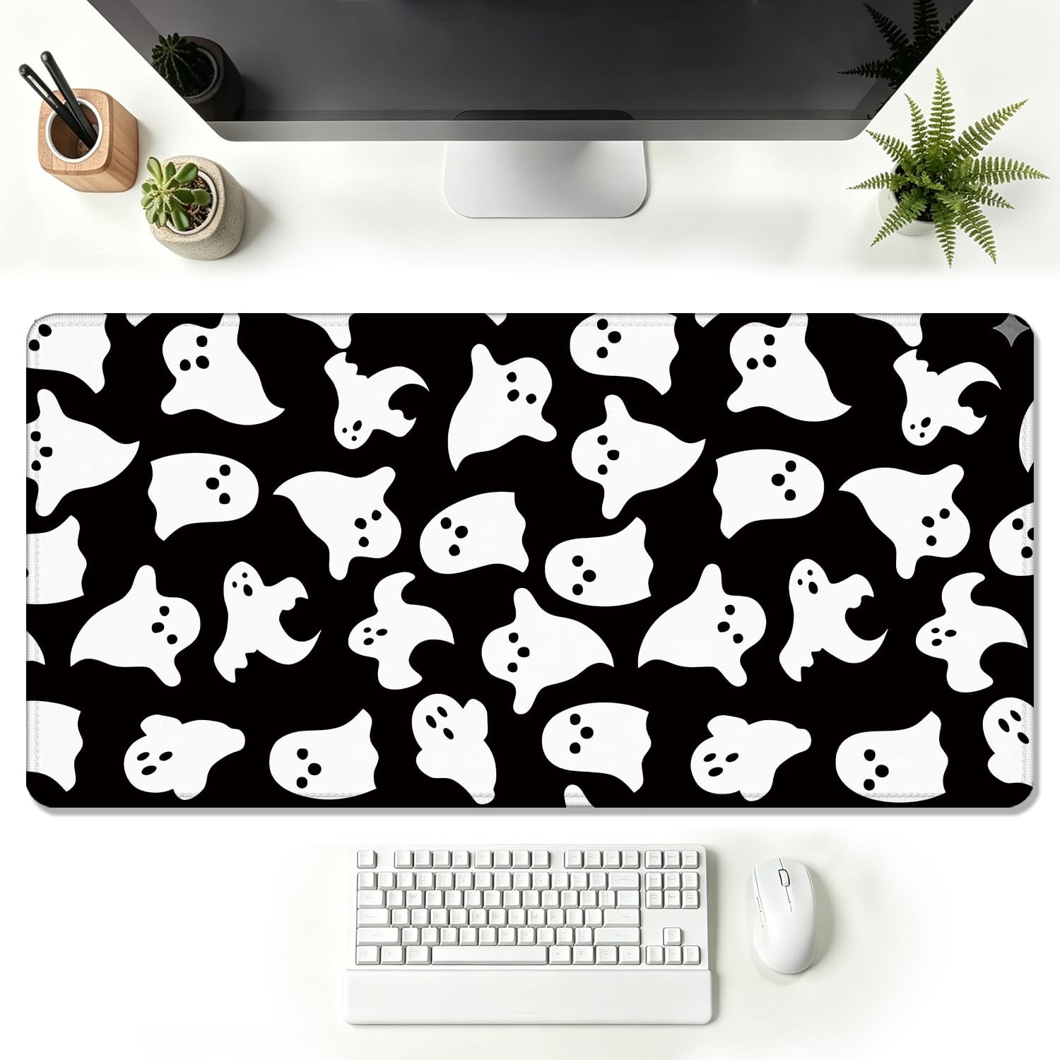 Black and White Halloween Ghost Large Gaming Mouse Pad 31.5x15.7in