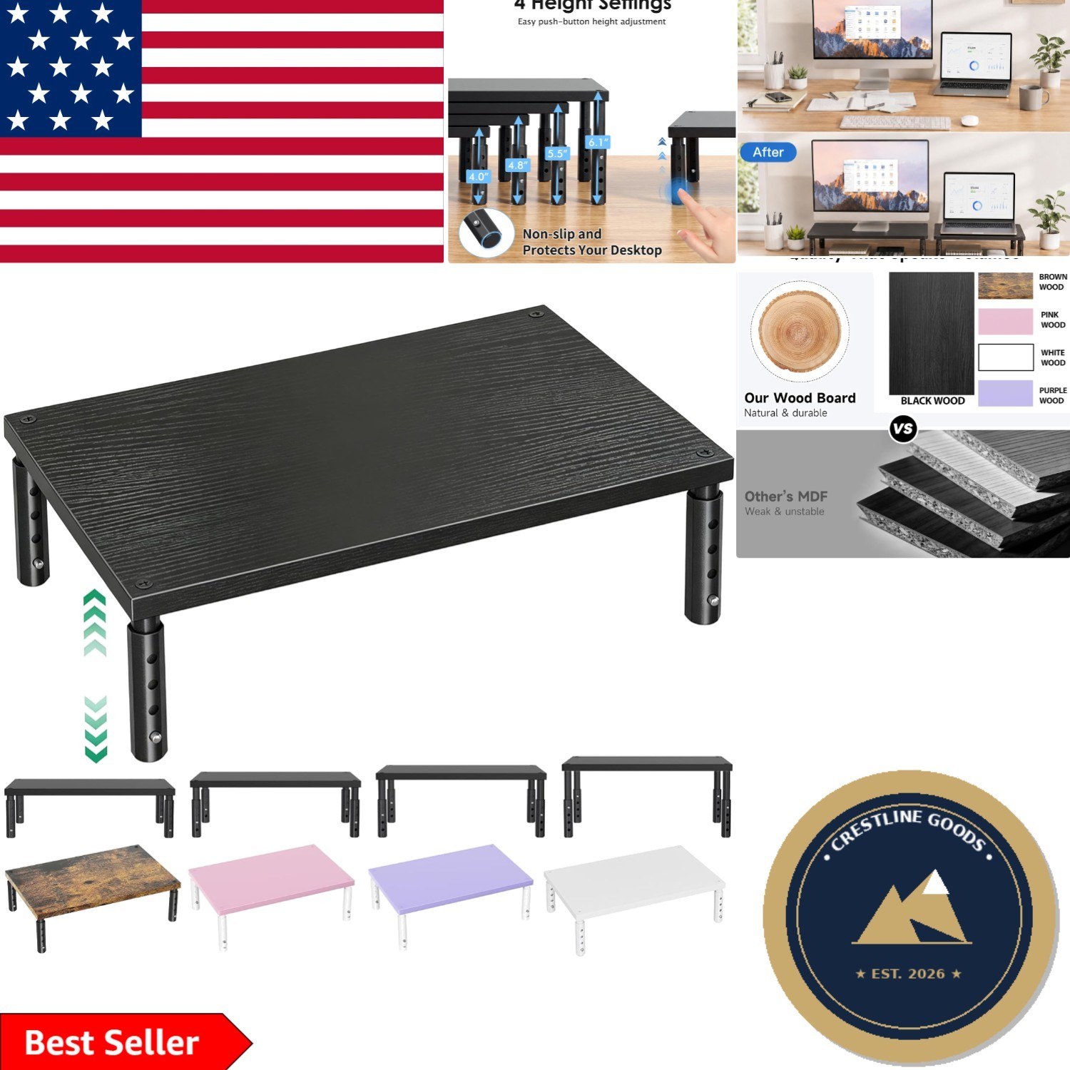 Elegant Adjustable Monitor Stand Riser - Ergonomic Wood Desk Organizer, Black