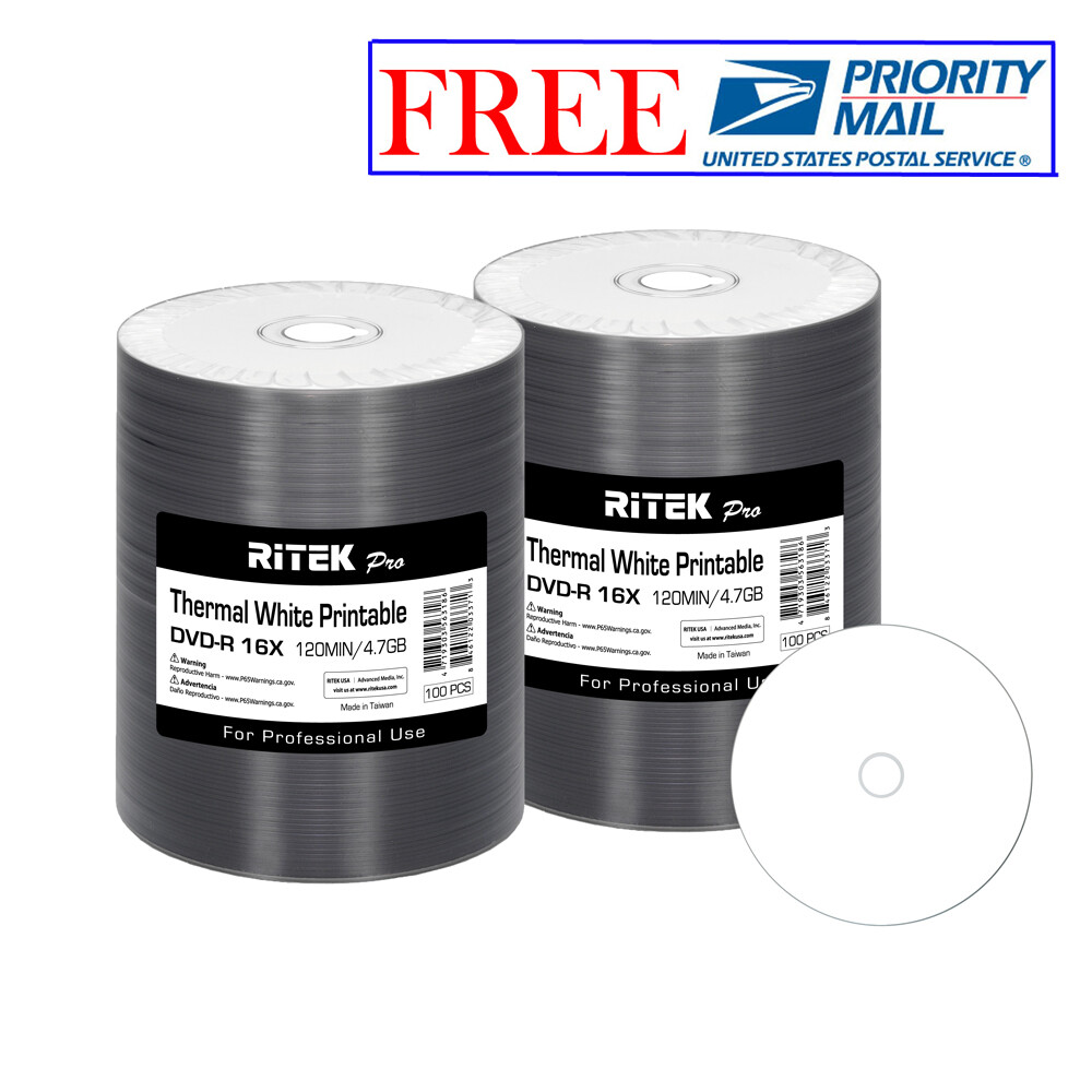200 Pack Ritek Pro DVD-R 16X 4.7GB White Thermal Hub Printable Blank Media Disc