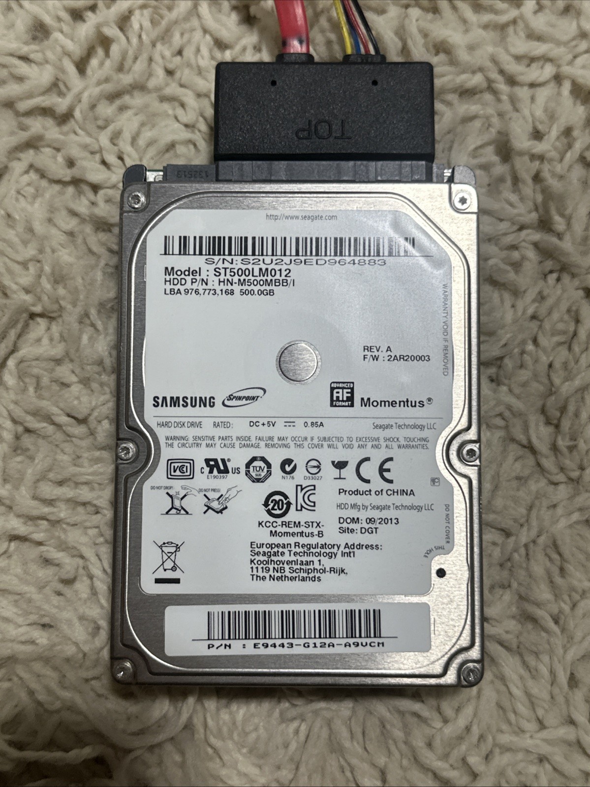 Samsung ST500LM012 pn:HN-M500MBB/1 LBA 976,773,168 500GB DOM 09/2013
