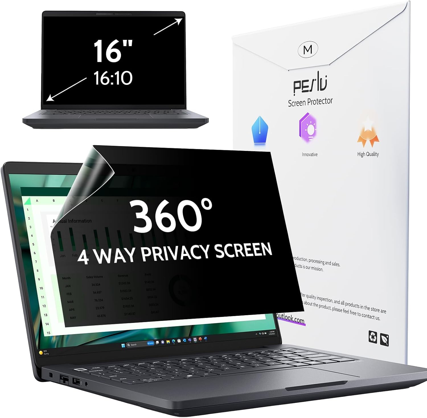 360° 4 Way Laptop Privacy Screen for 16 Inch 16:10 Aspect Ratio Computer Monitor