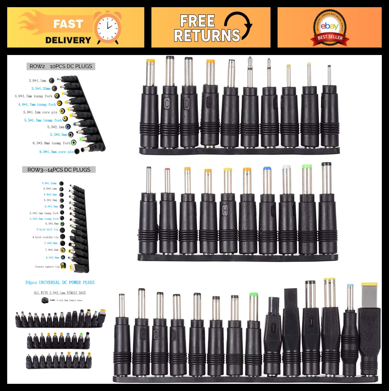 34pcs Universal DC Power Connector Kit 5.5mm x 2.1mm Adapter for Laptop & Device