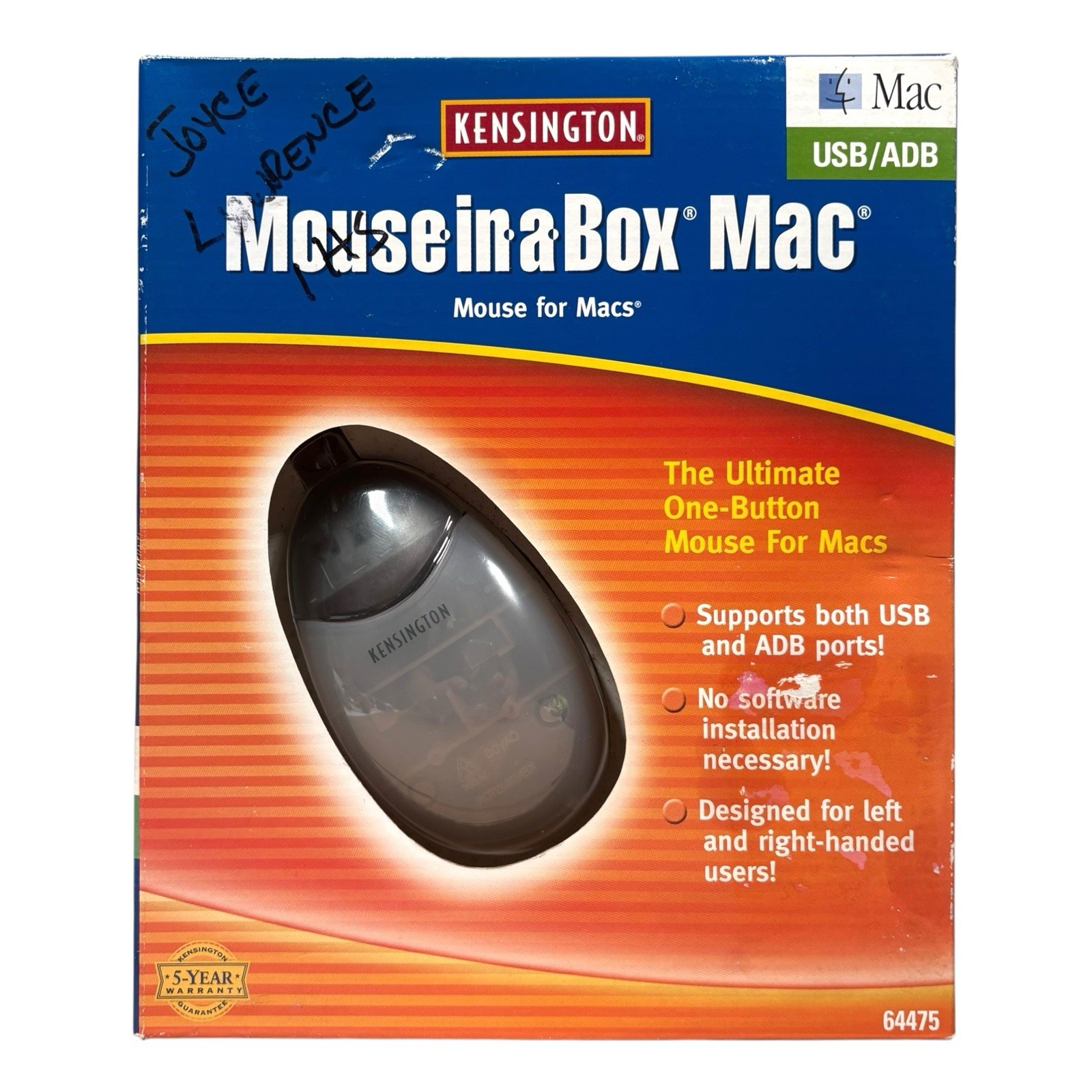 Vintage Kensington Mouse-in-a-Box Mac 64475, USB/ADB One-Button Optical Sensor