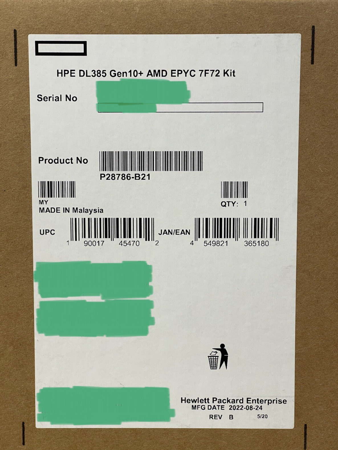 HPE DL385 Gen10/V2/Plus CPU AMD EPYC 7F72 Kit 24 Core 3.2GHz w/Heatsink+ 2x Fans