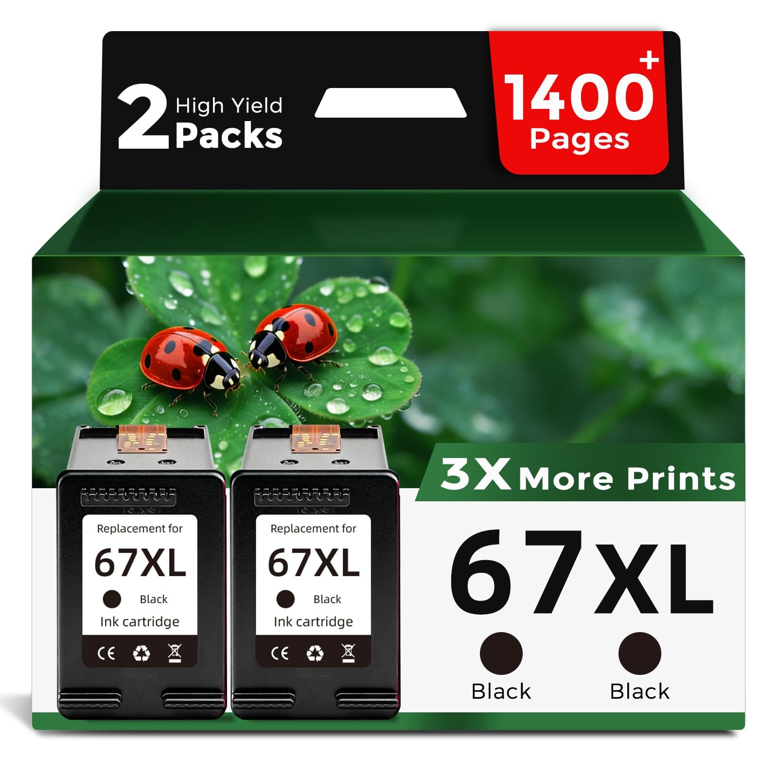 FLYFAR Black Ink Cartridges Replacement for HP 67 XL XL (2 Pack)