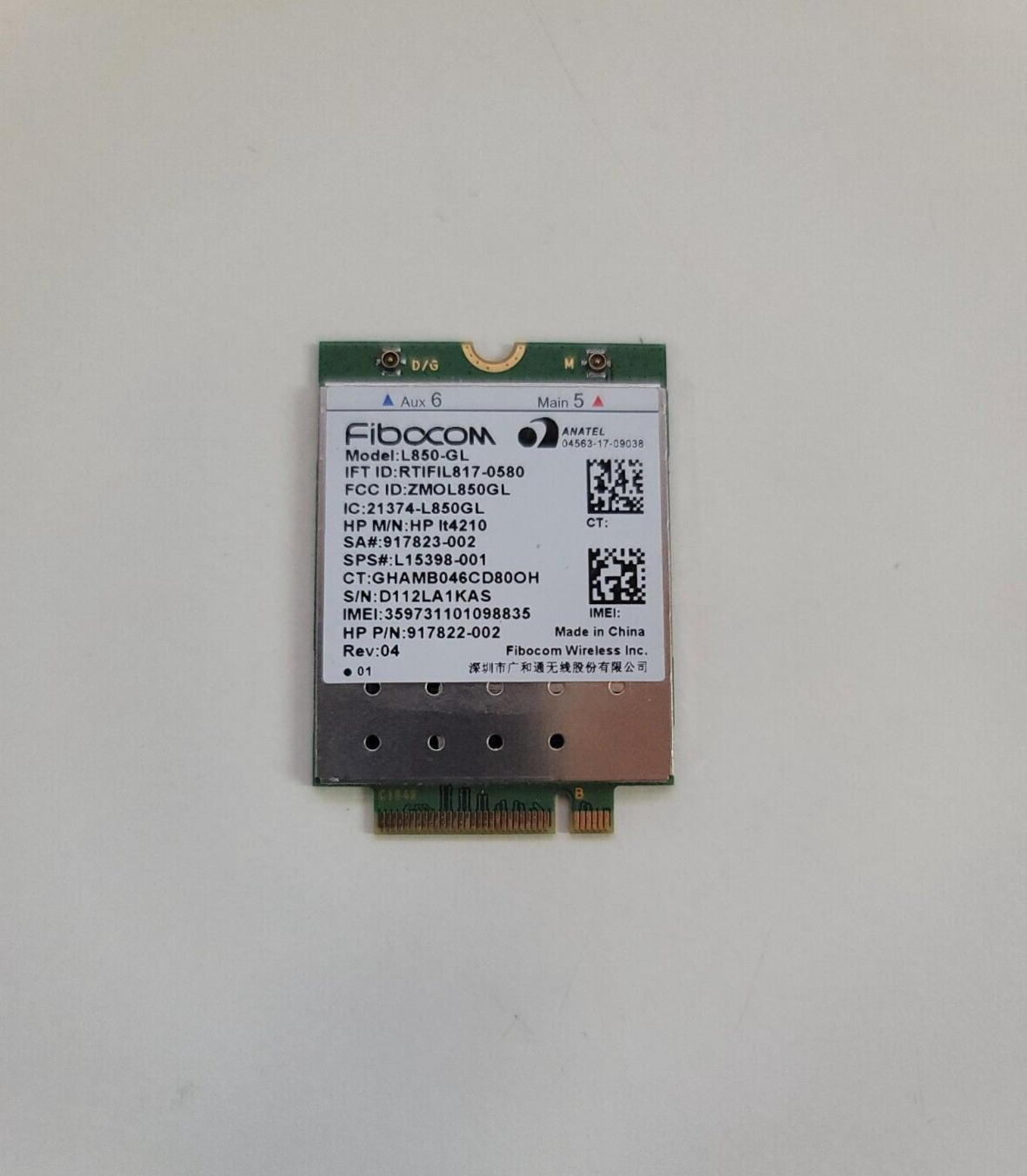 HP Lt4210 WWAN Fibocom L850-GL w/GPS LTE/HSPA+ M.2 XMM 7360 LTE-A PN# L15398-001