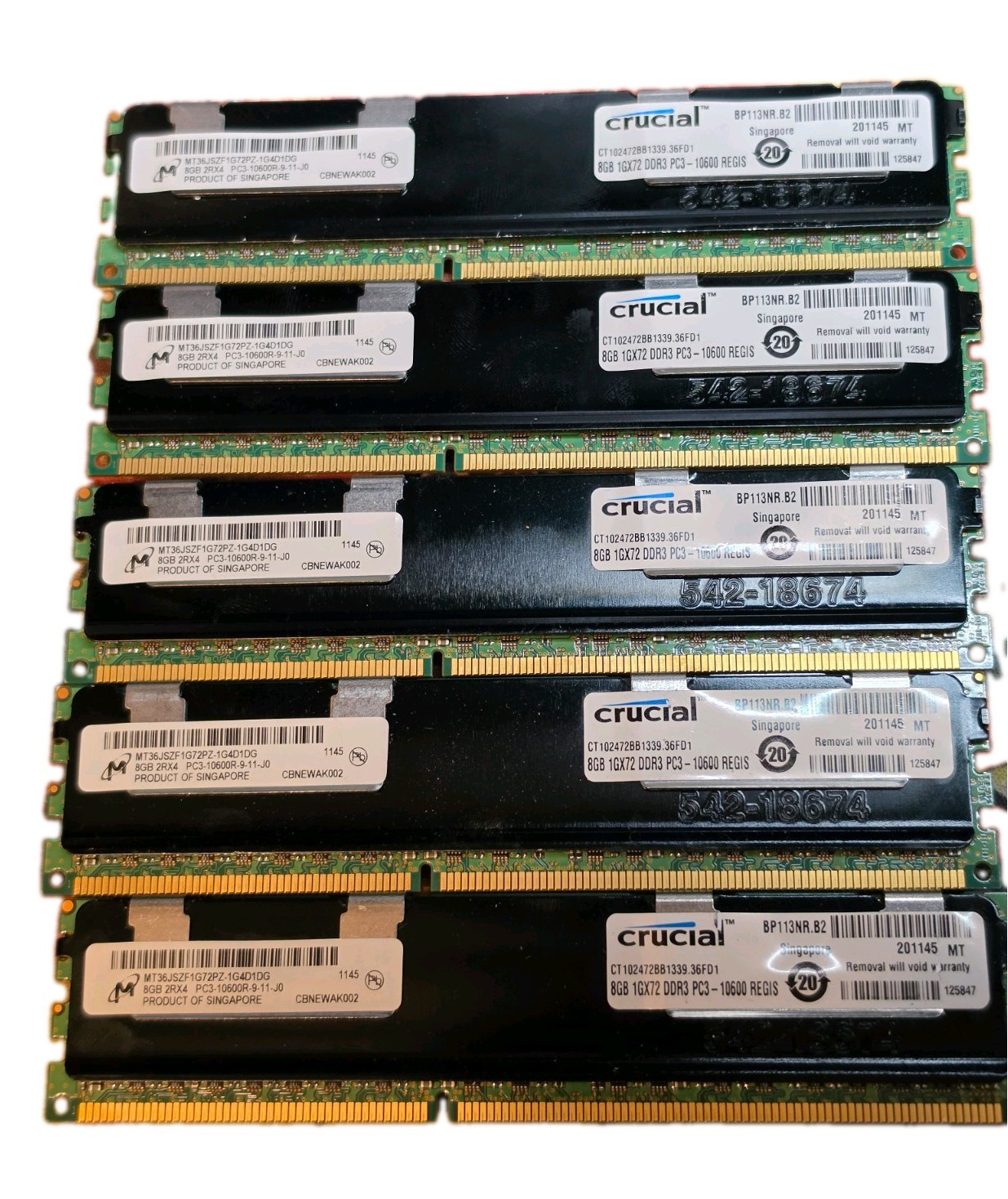 5x lot Micron 5x8GB 40GB PC3-10600R MT36JSZF1G72PZ-1G4D1DD Server Ram Kit