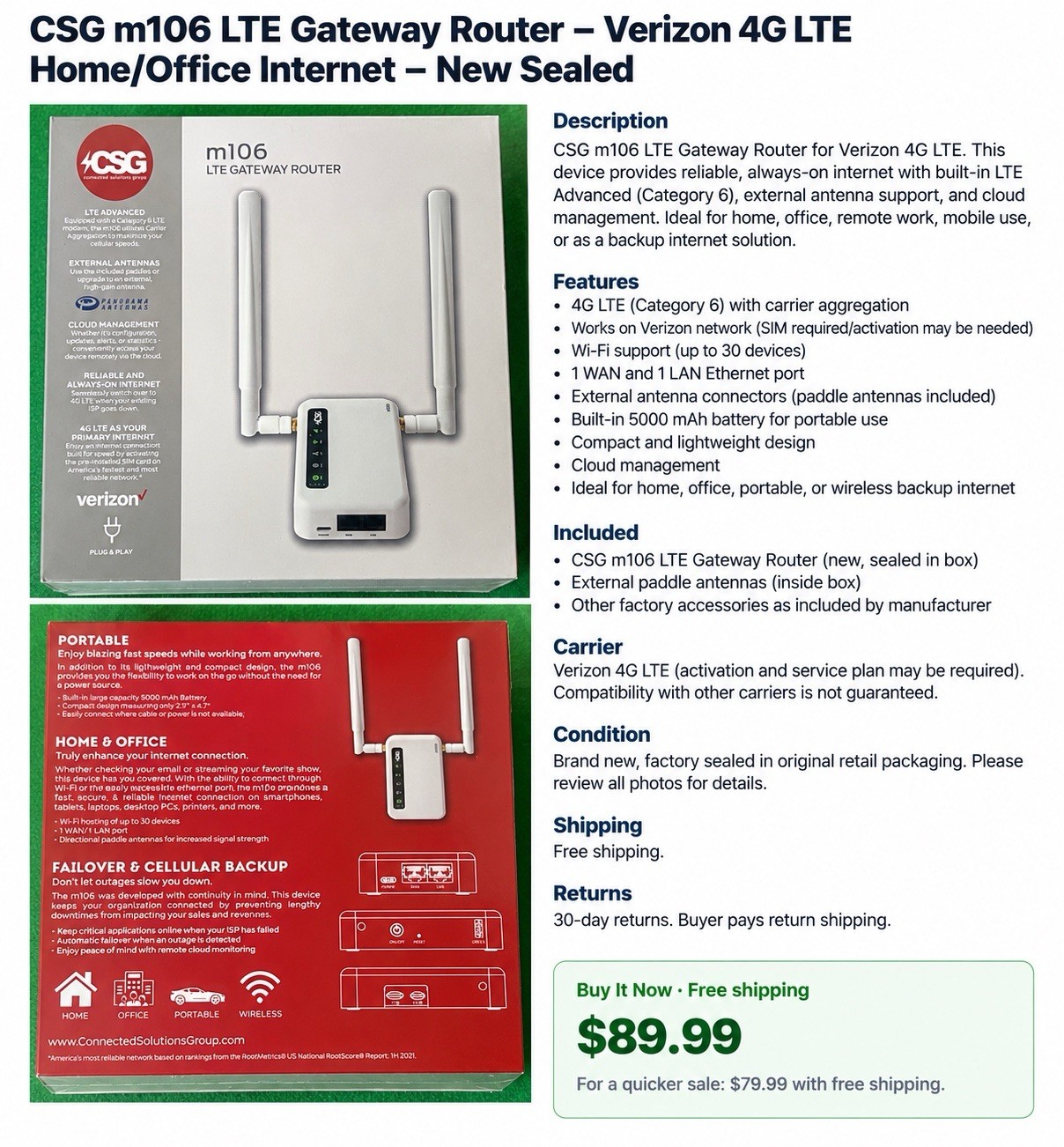 CSG M106 LTE Gateway Router - VERIZON 4G LTE Cellular Wireless Router  *NEW