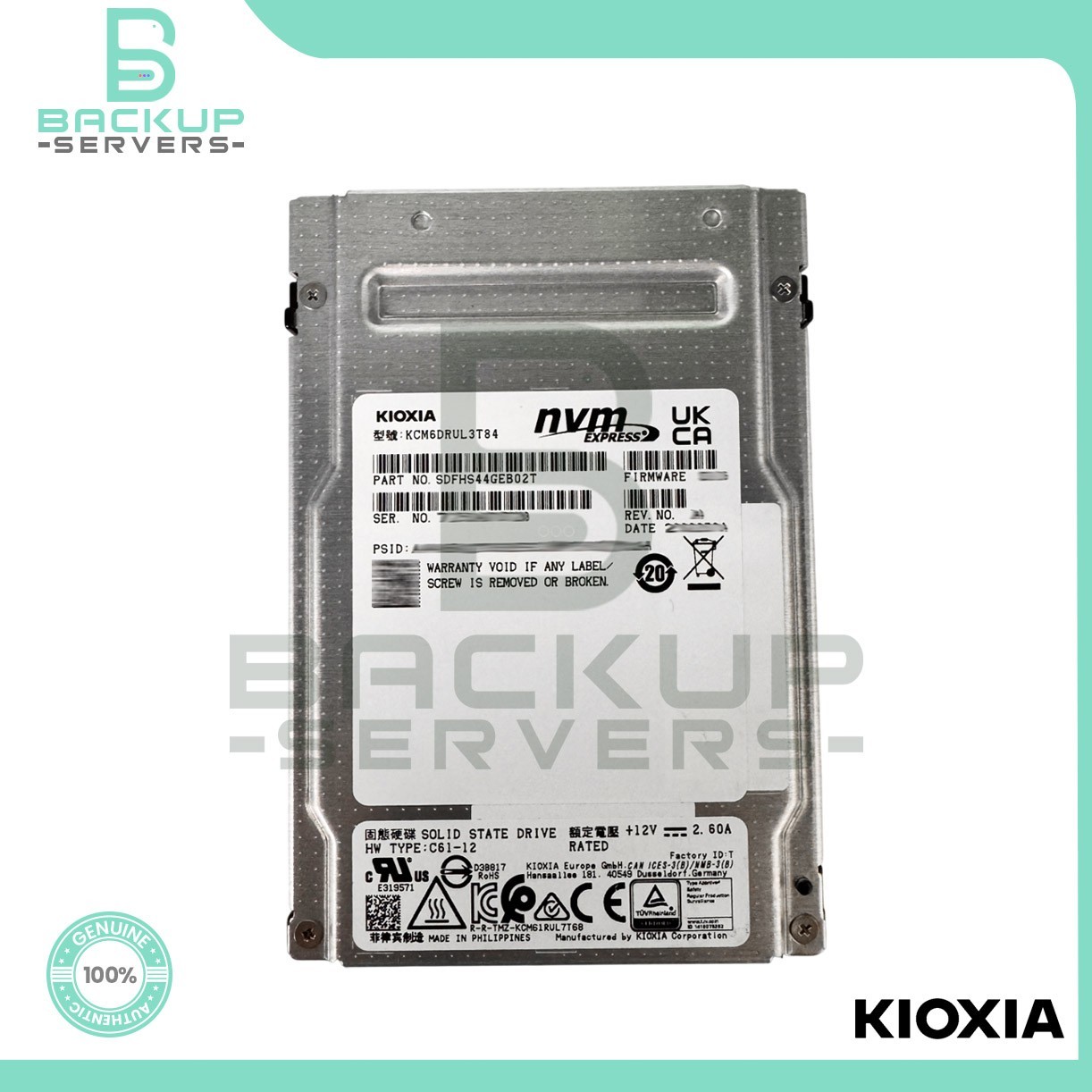 Toshiba KIOXIA CM6-R 3.84TB NVMe PCIe 4.0 x4 U.3 SED Internal SSD KCM6DRUL3T84