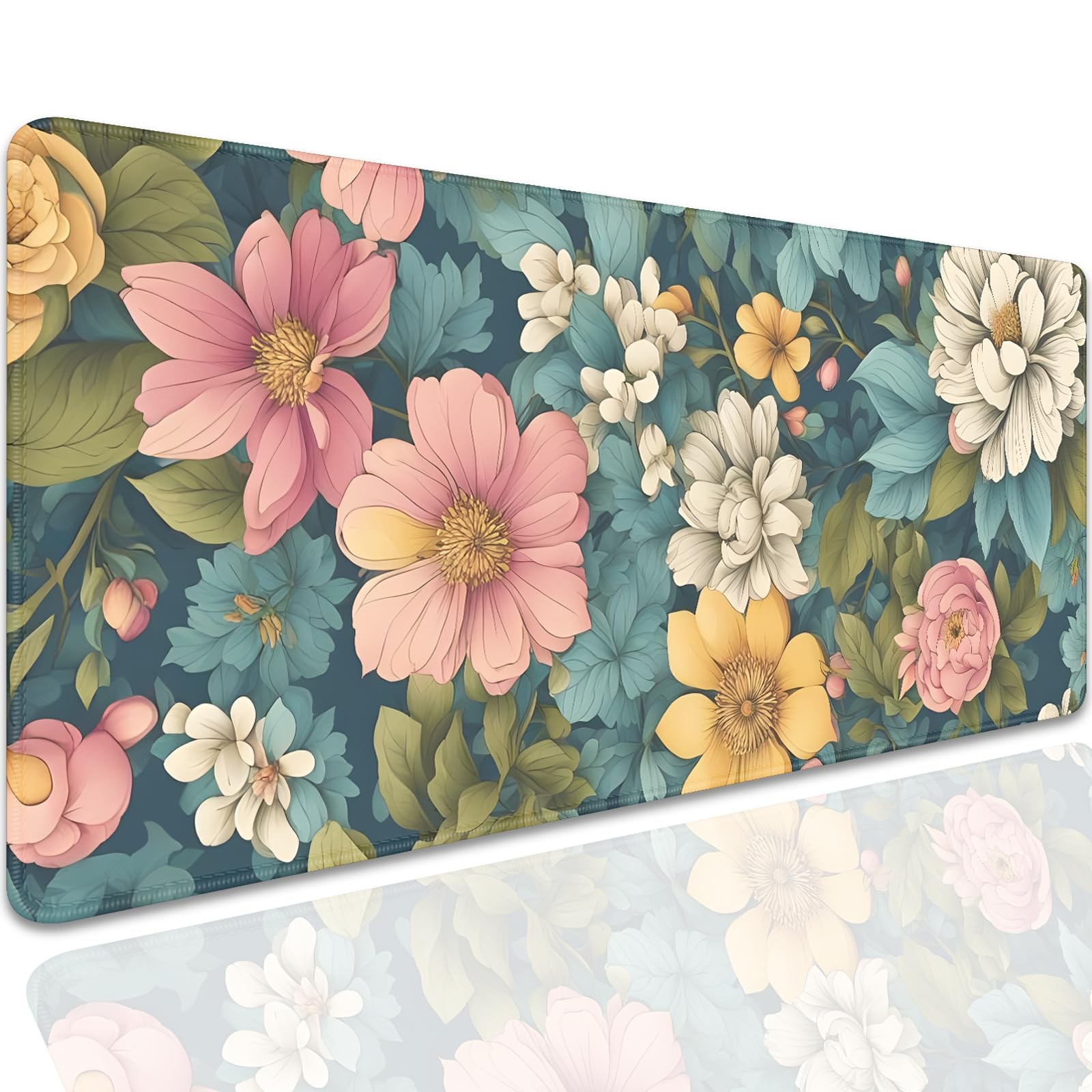 Colorful Flowers Desk Pad Mouse Pad,Large Floral Mouse Mat with Stitched Edge...