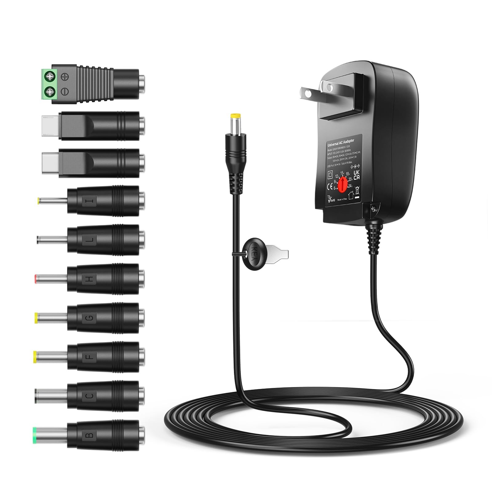 Belker 41W Universal 6V 9V 12V 15V 18V 20V 24V AC 41w 6-24v 1.5a w/USB, Black